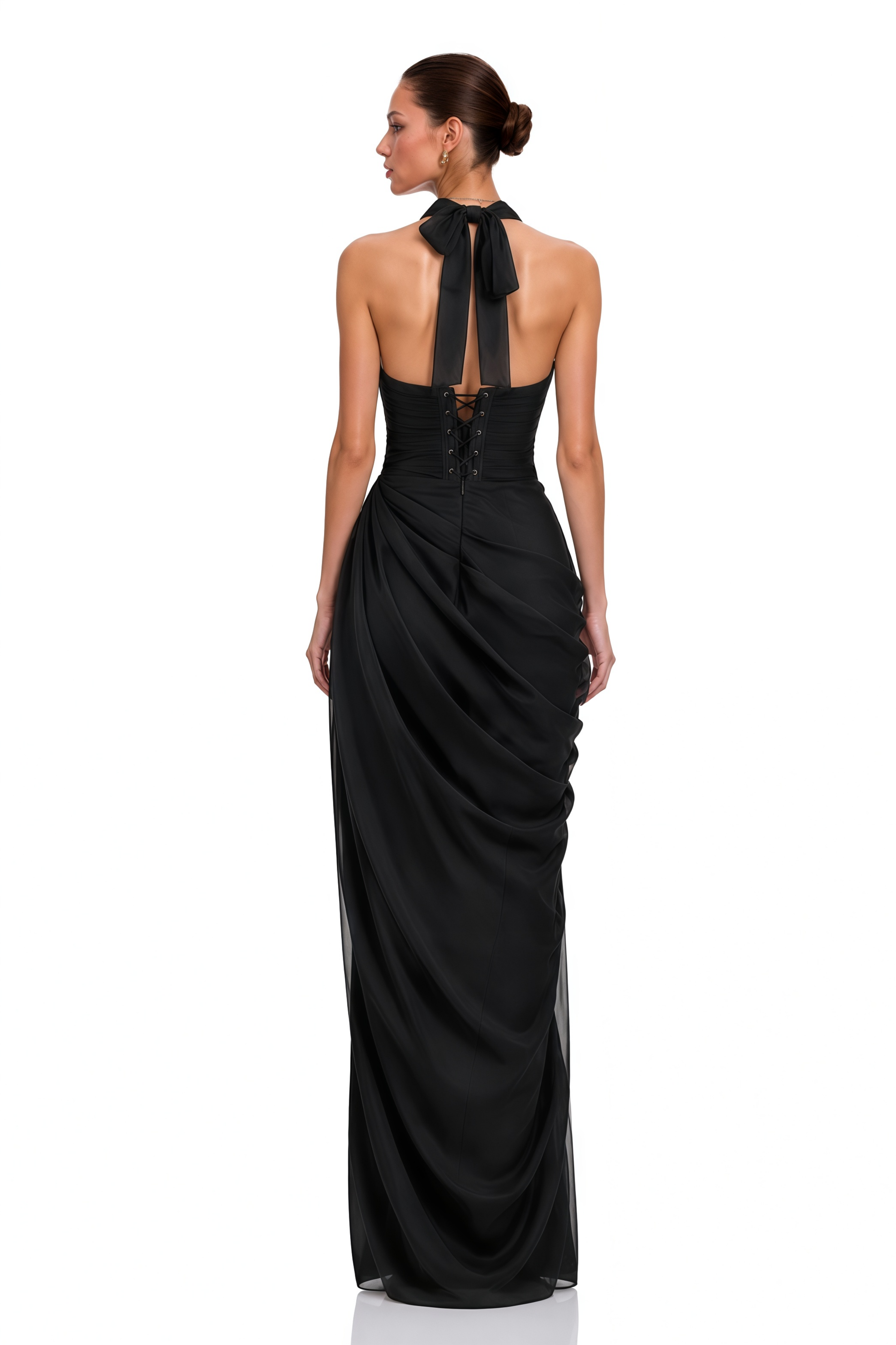 Altheira Black Halterneck Ruched Maxi Dress with Slit