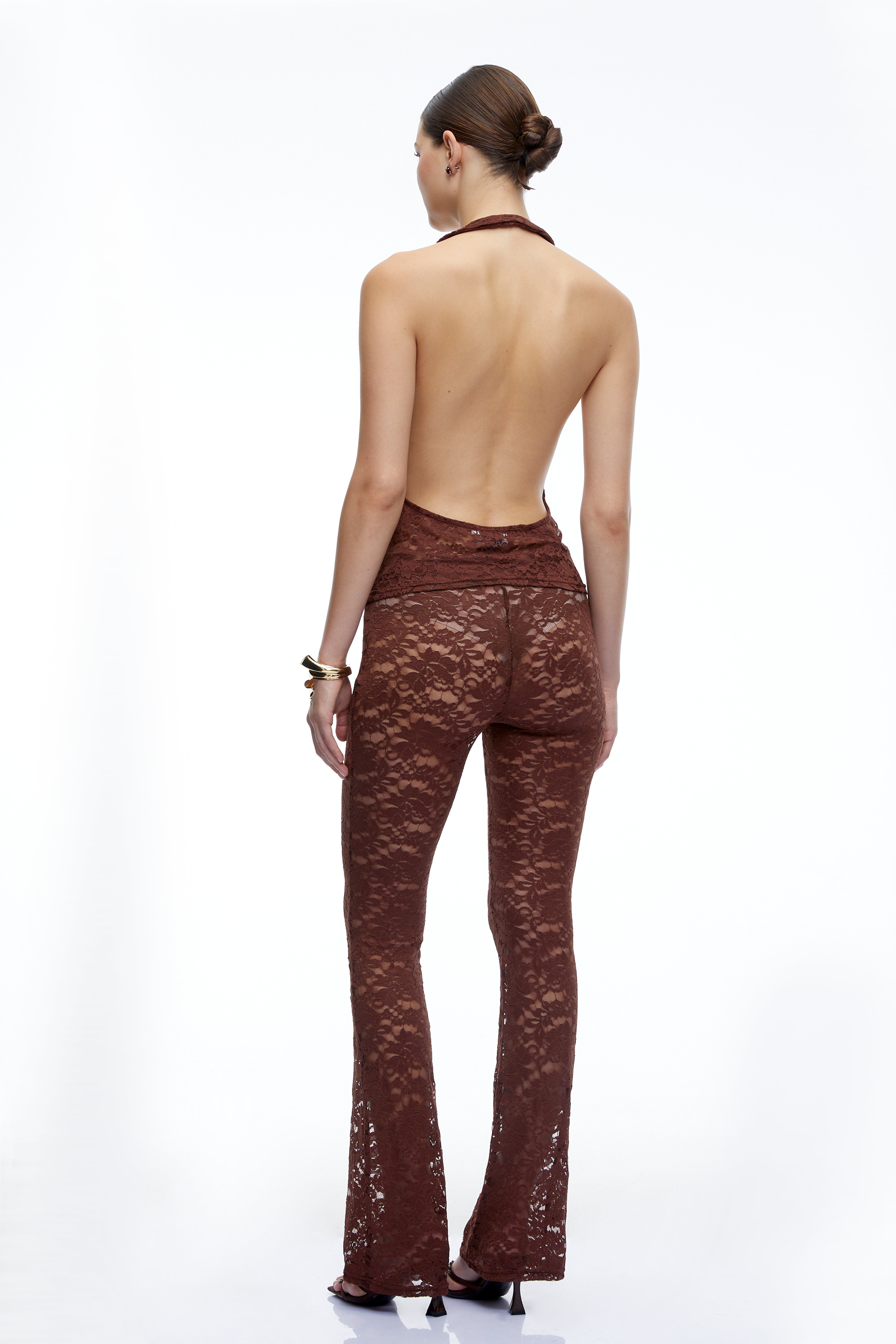 Amabel Brown Lace Halterneck Top & Flared Trousers Set