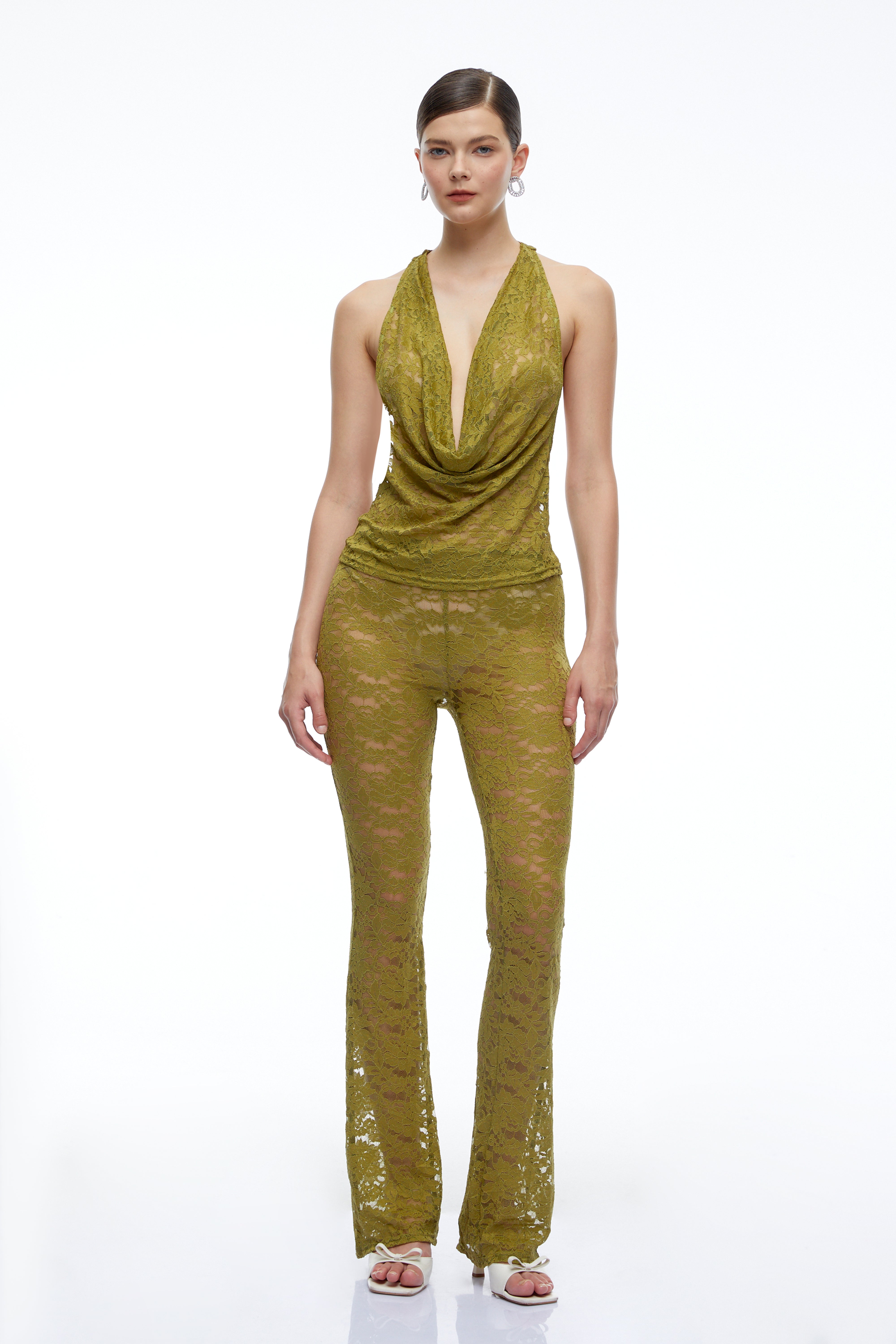 Amabel Green Lace Halterneck Top & Flared Trousers Set