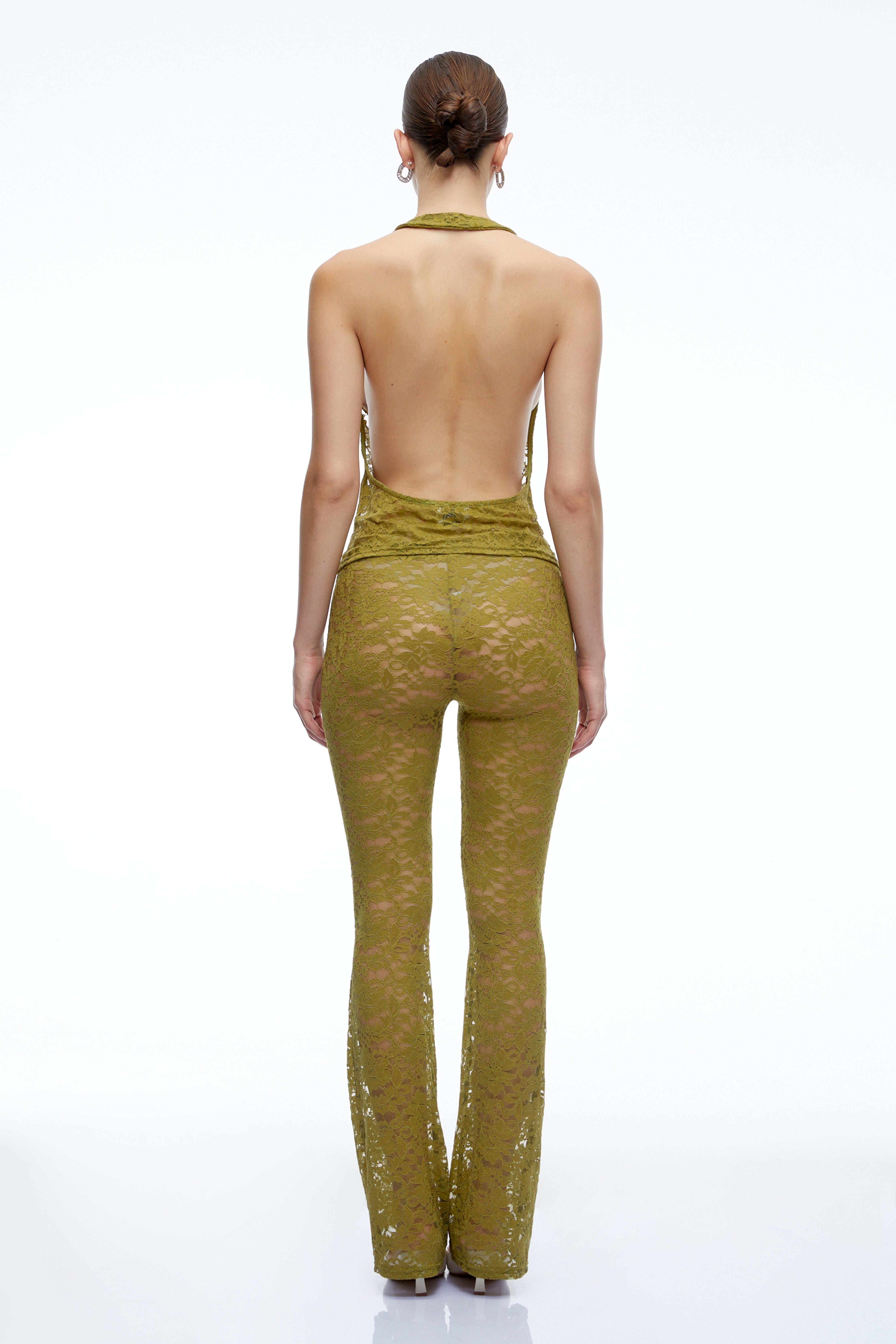 Amabel Green Lace Halterneck Top & Flared Trousers Set