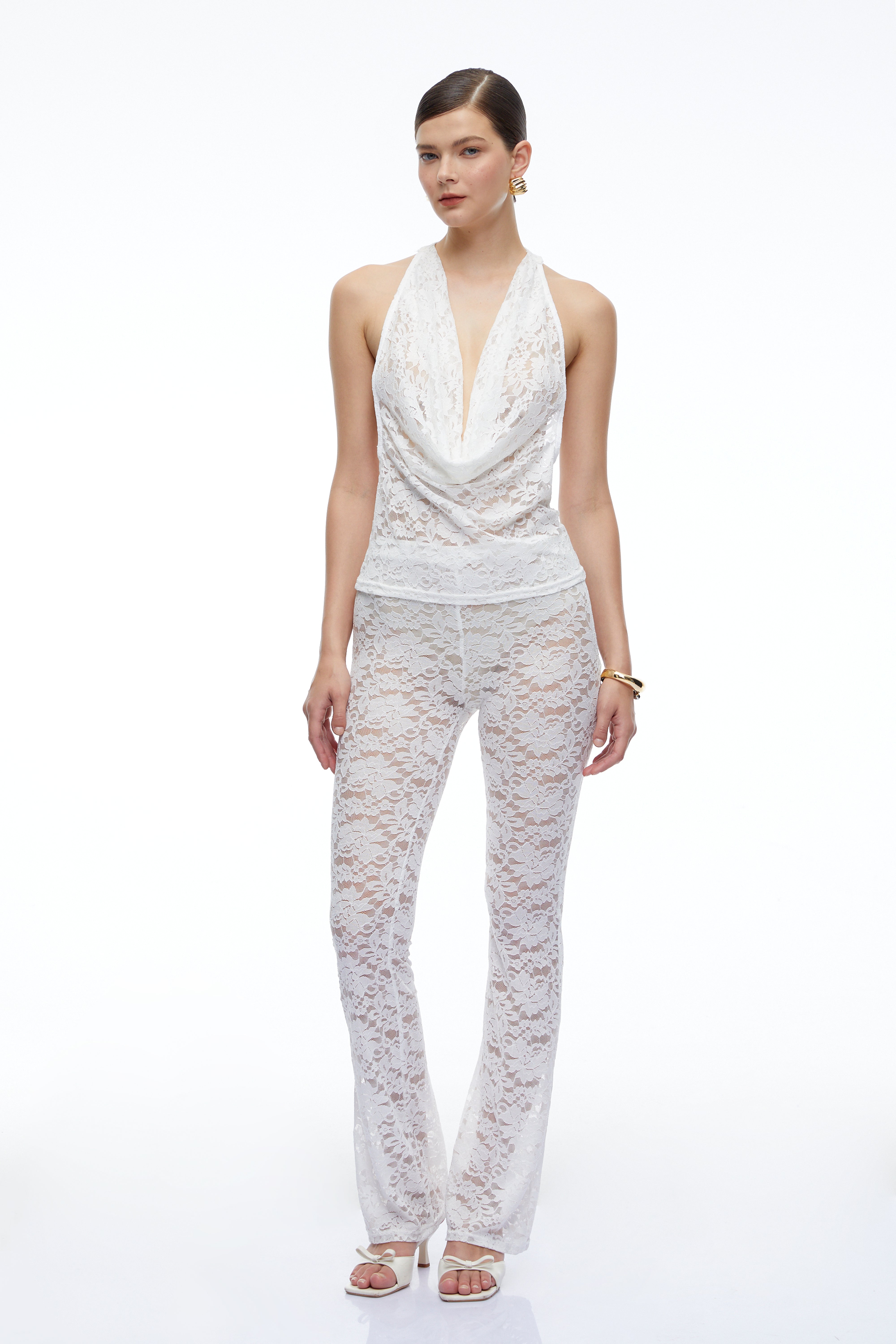 Amabel White Lace Halterneck Top & Flared Trousers Set