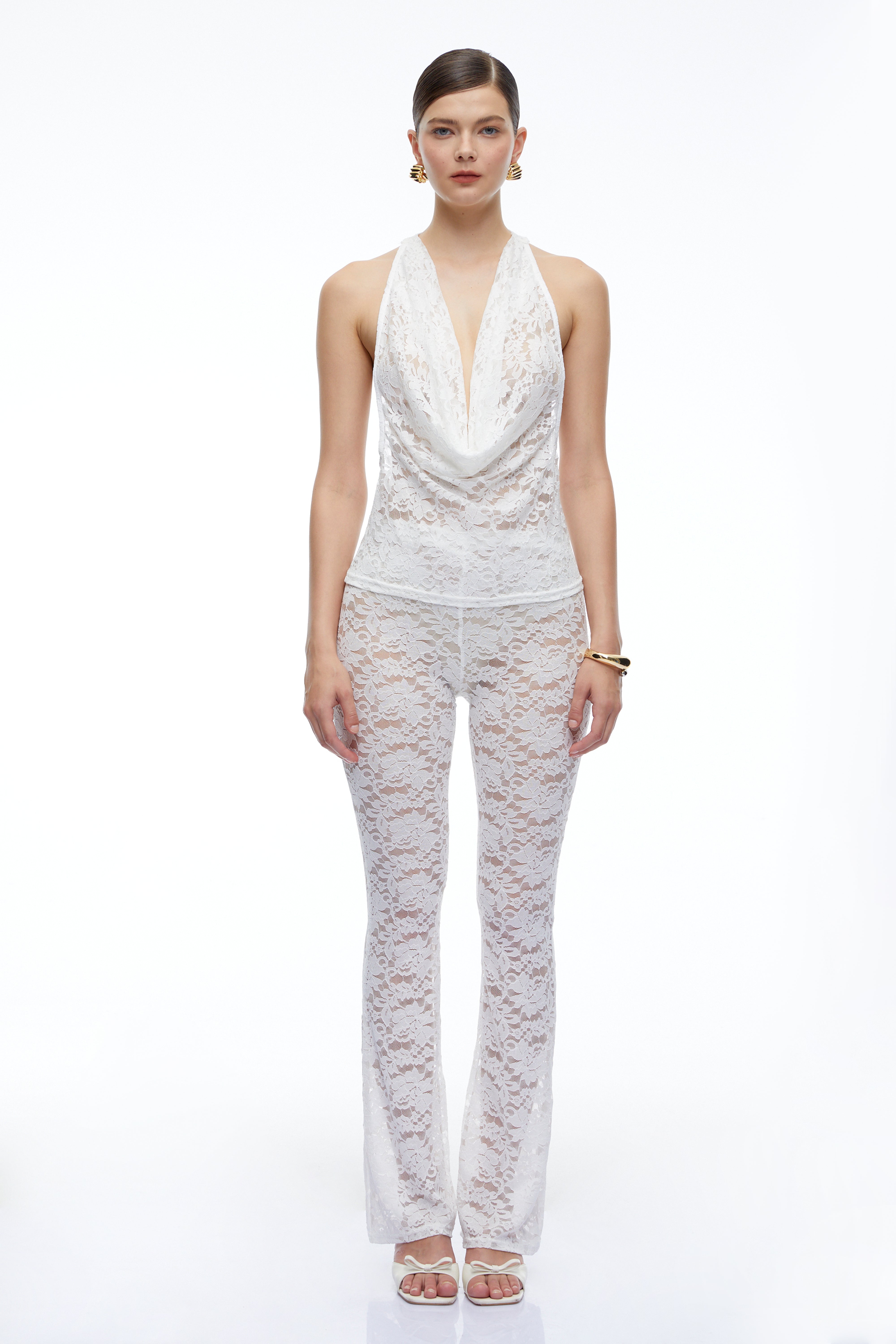 Amabel White Lace Halterneck Top & Flared Trousers Set
