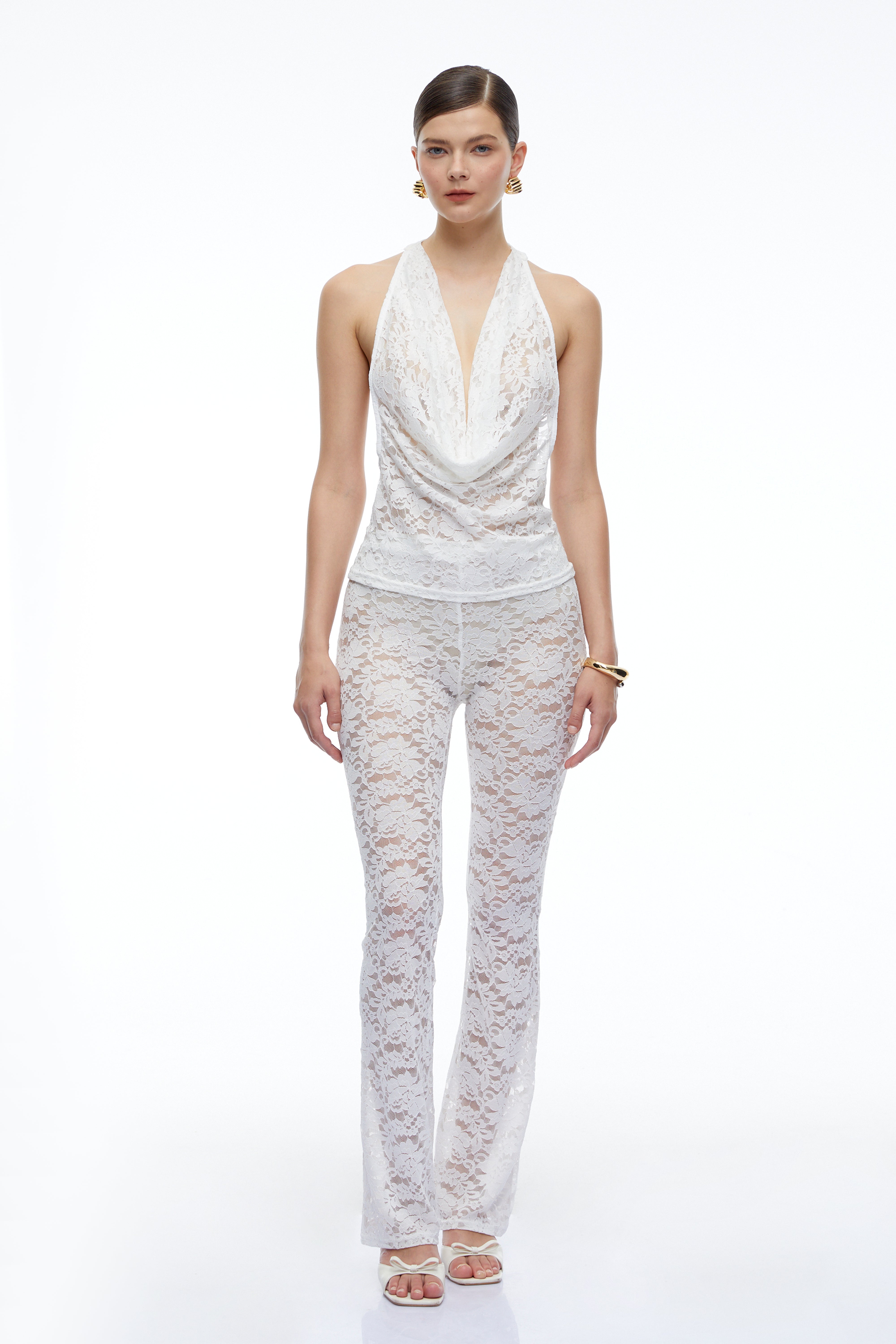 Amabel White Lace Halterneck Top & Flared Trousers Set