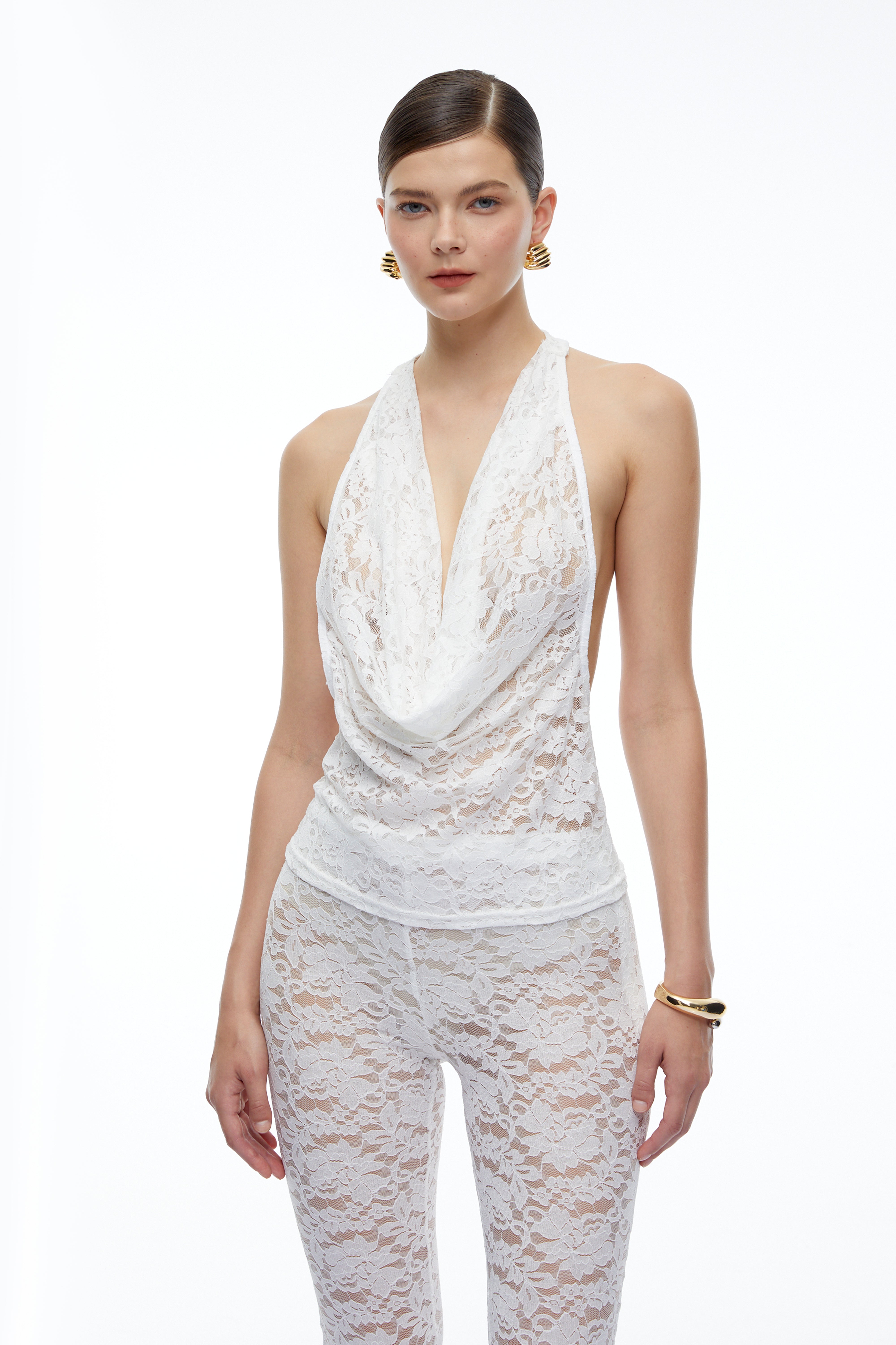 Amabel White Lace Halterneck Top & Flared Trousers Set