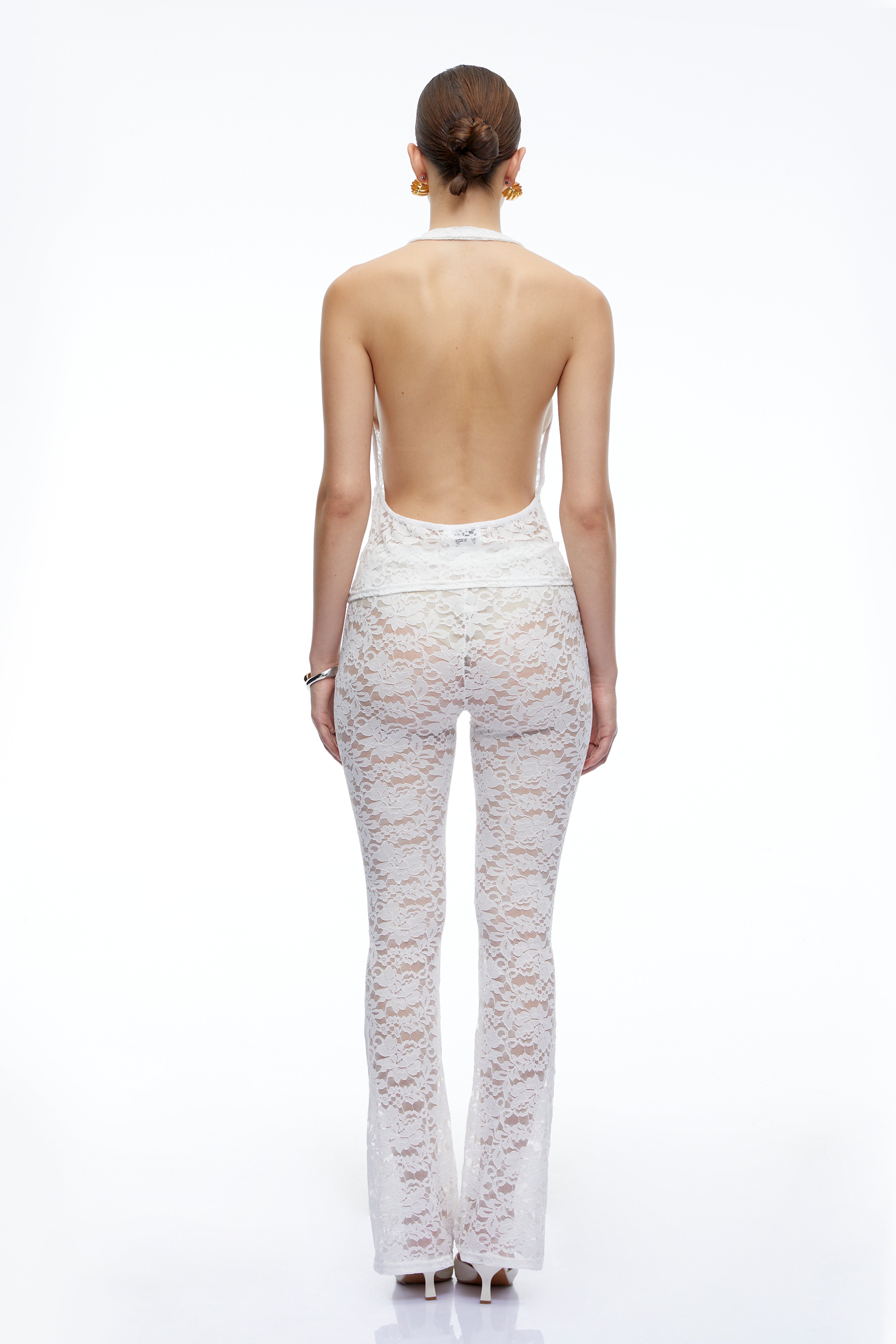 Amabel White Lace Halterneck Top & Flared Trousers Set