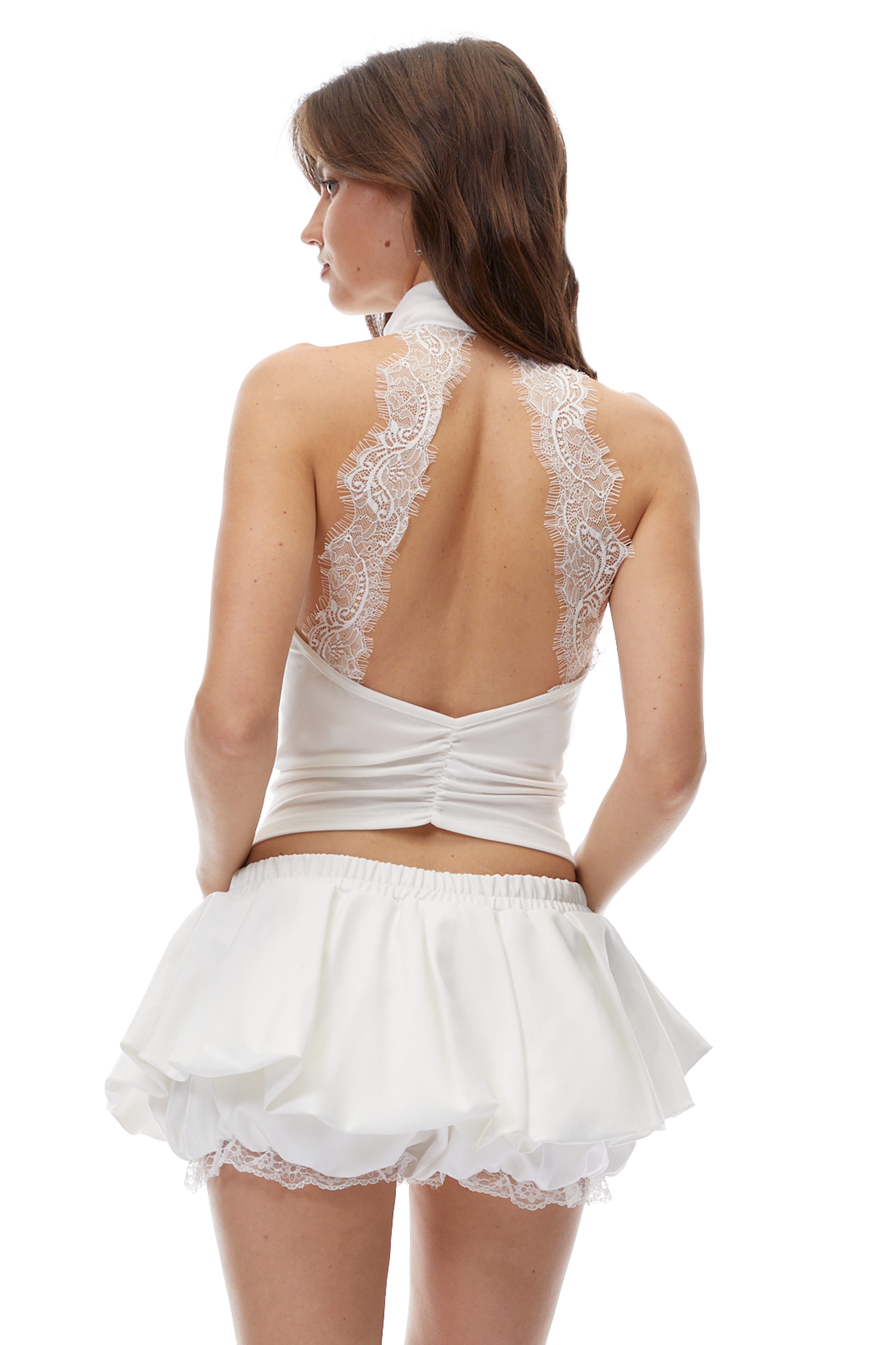 Amaia White Halterneck Ruched Crop Top