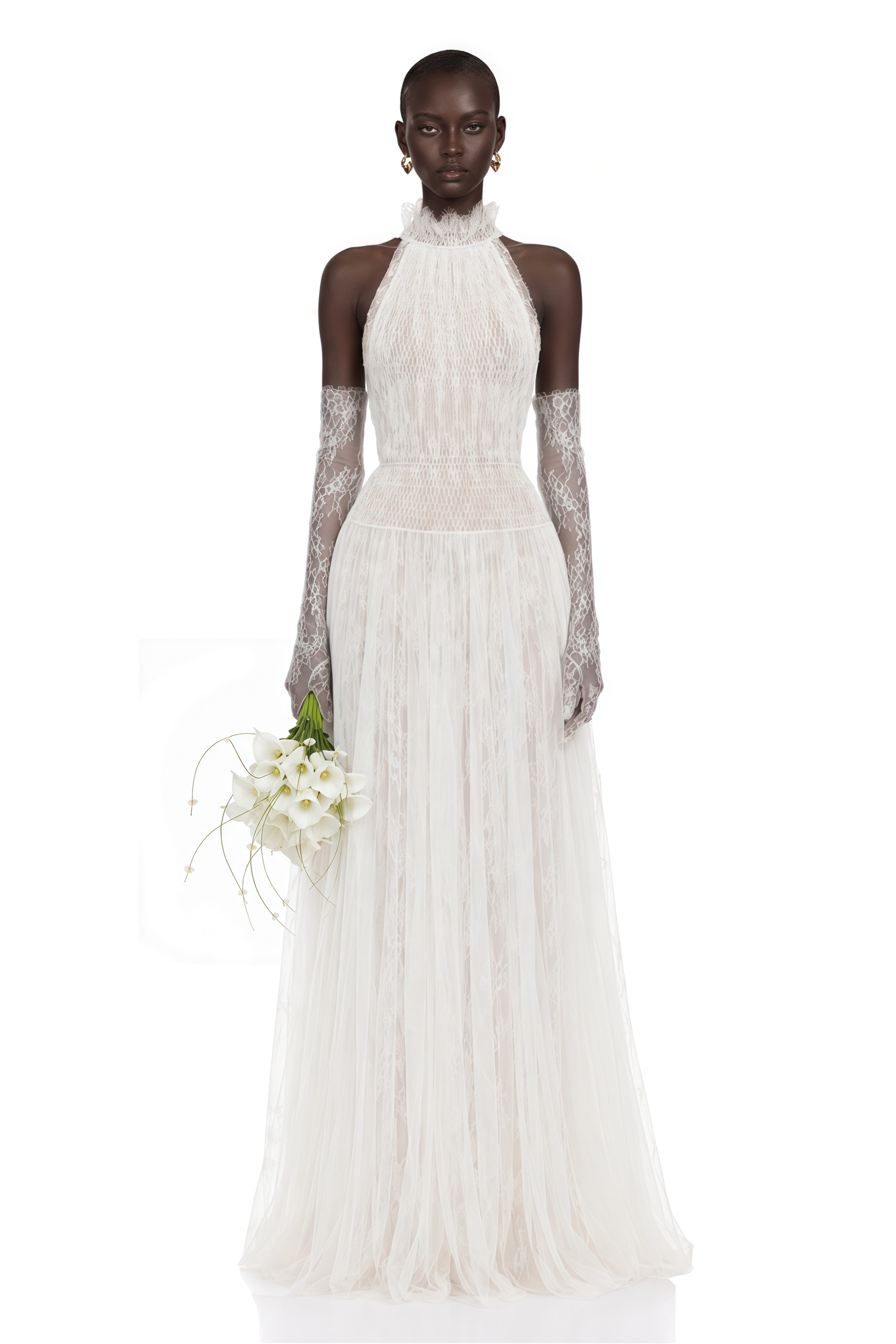 Amandine White Halterneck Semi-sheer Maxi Dress (Without Gloves)