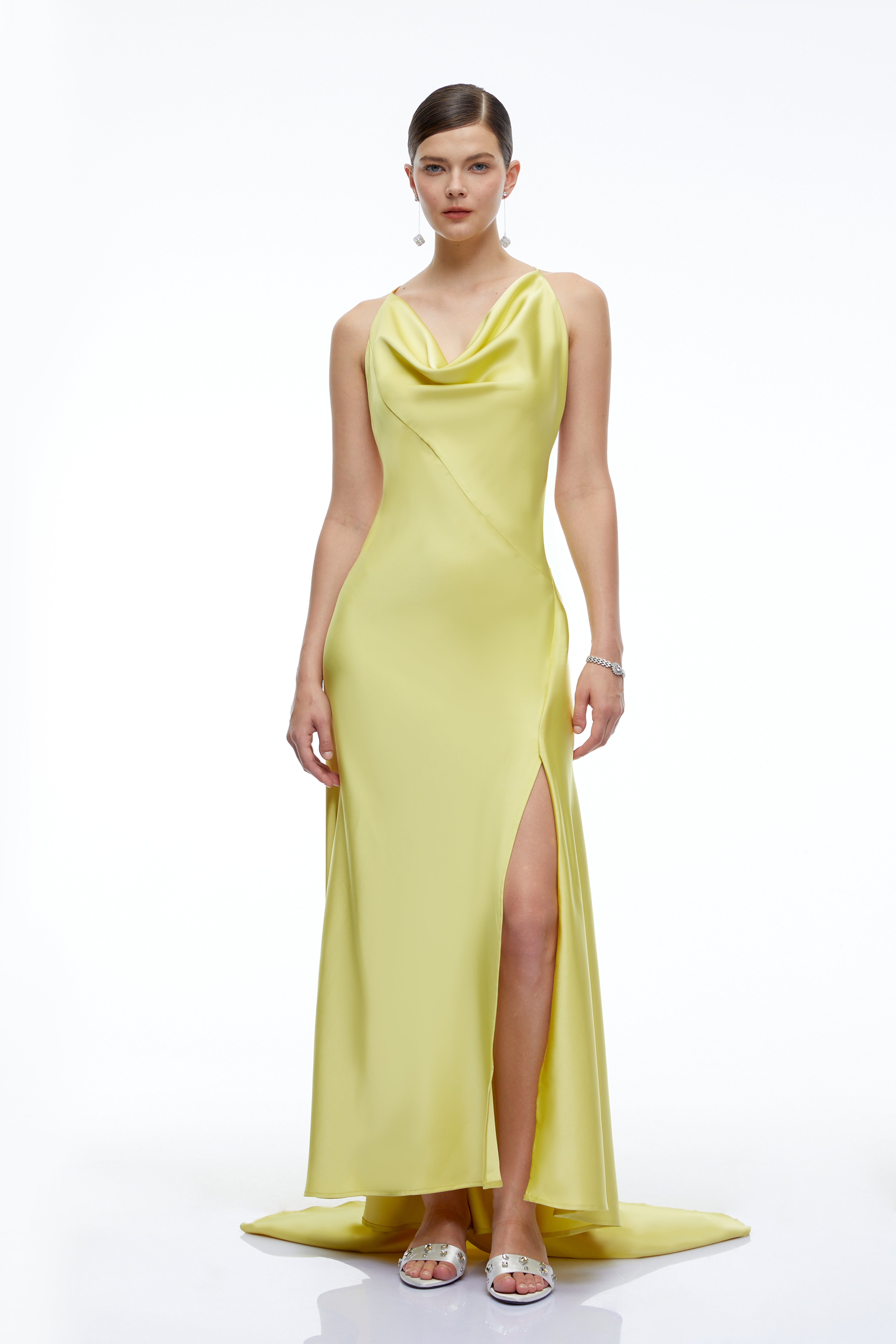 Amara Olive Green Satin Cowl Neck Maxi Dress