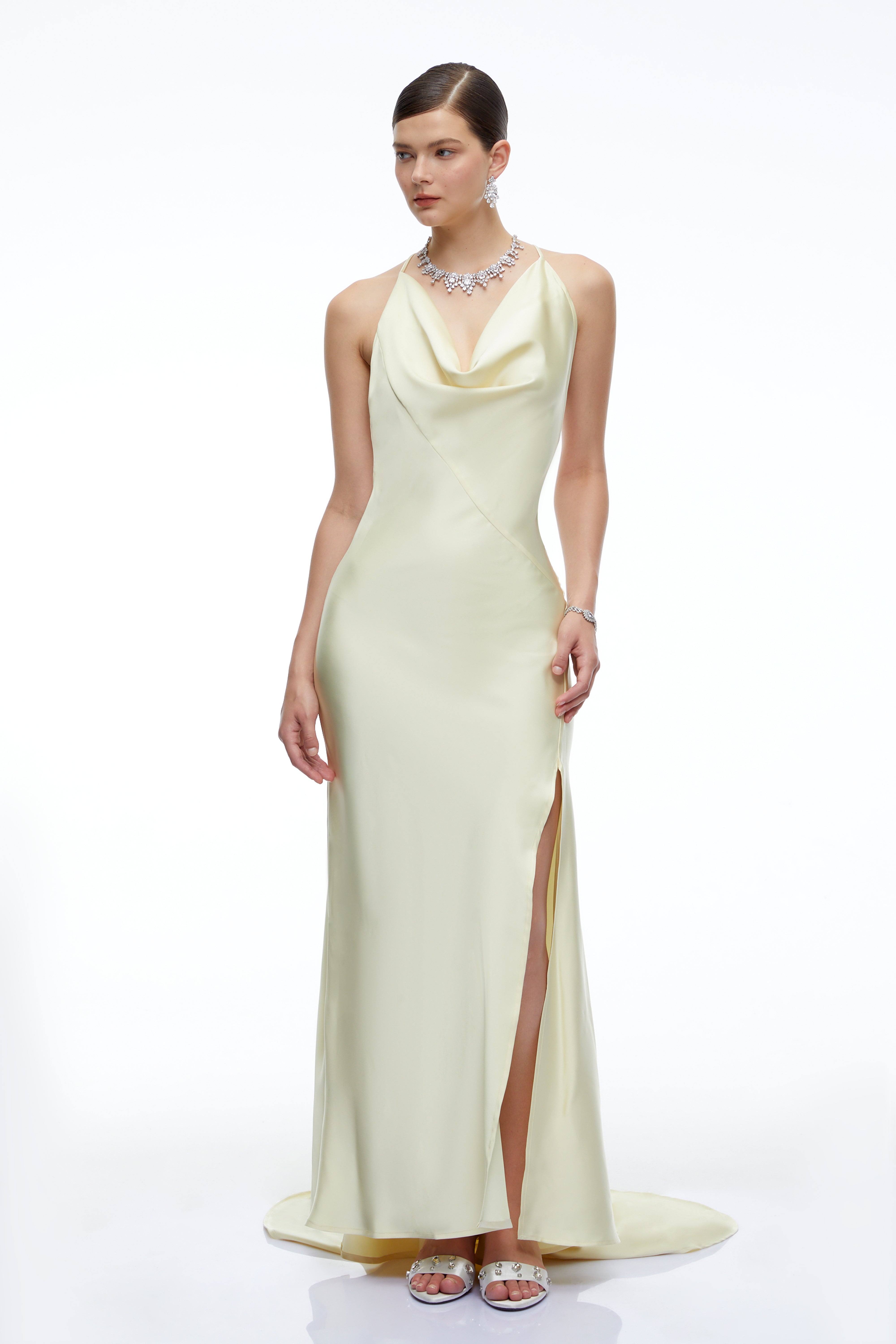 Amara Neutral Satin Cowl Neck Maxi Dress