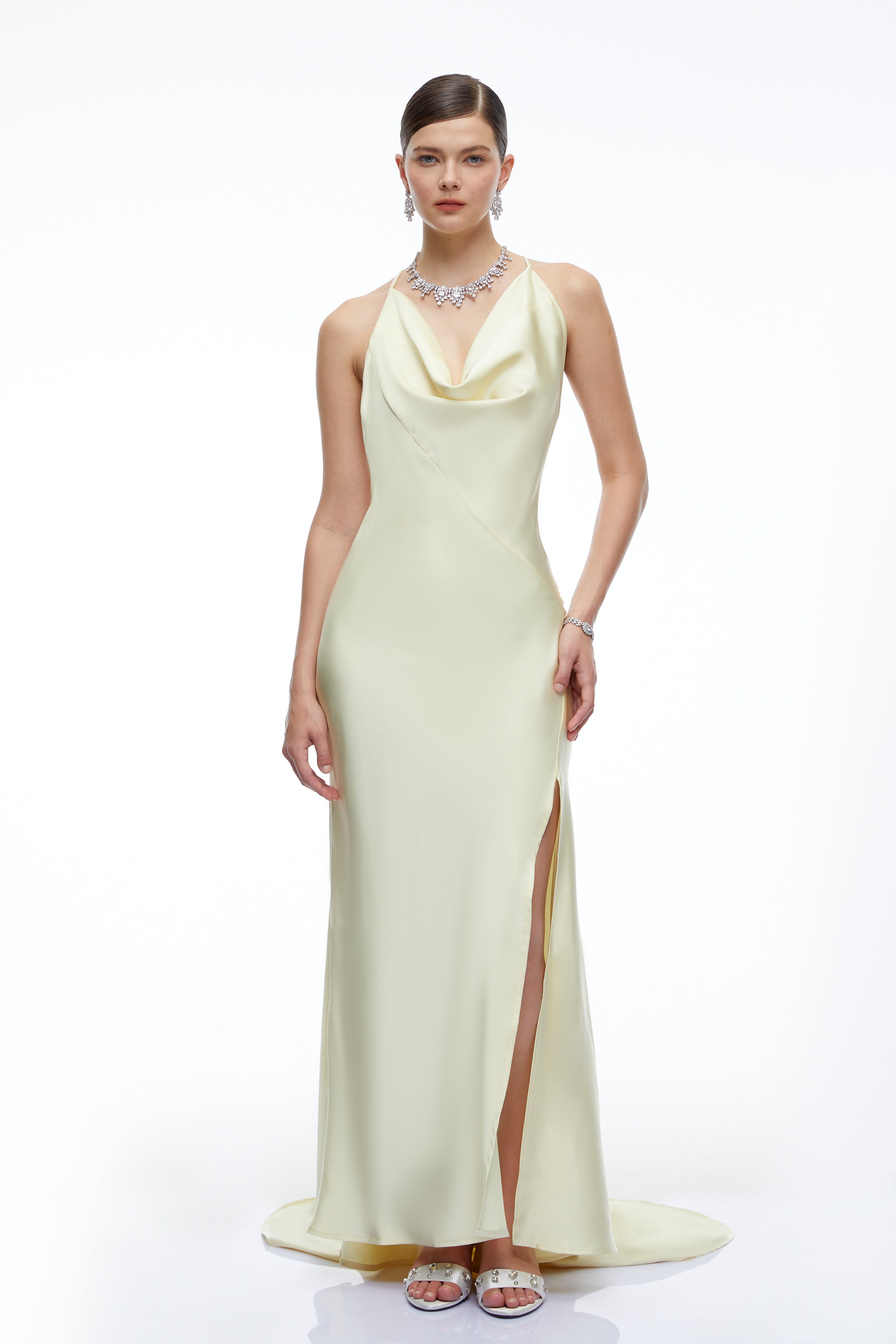 Amara Neutral Satin Cowl Neck Maxi Dress