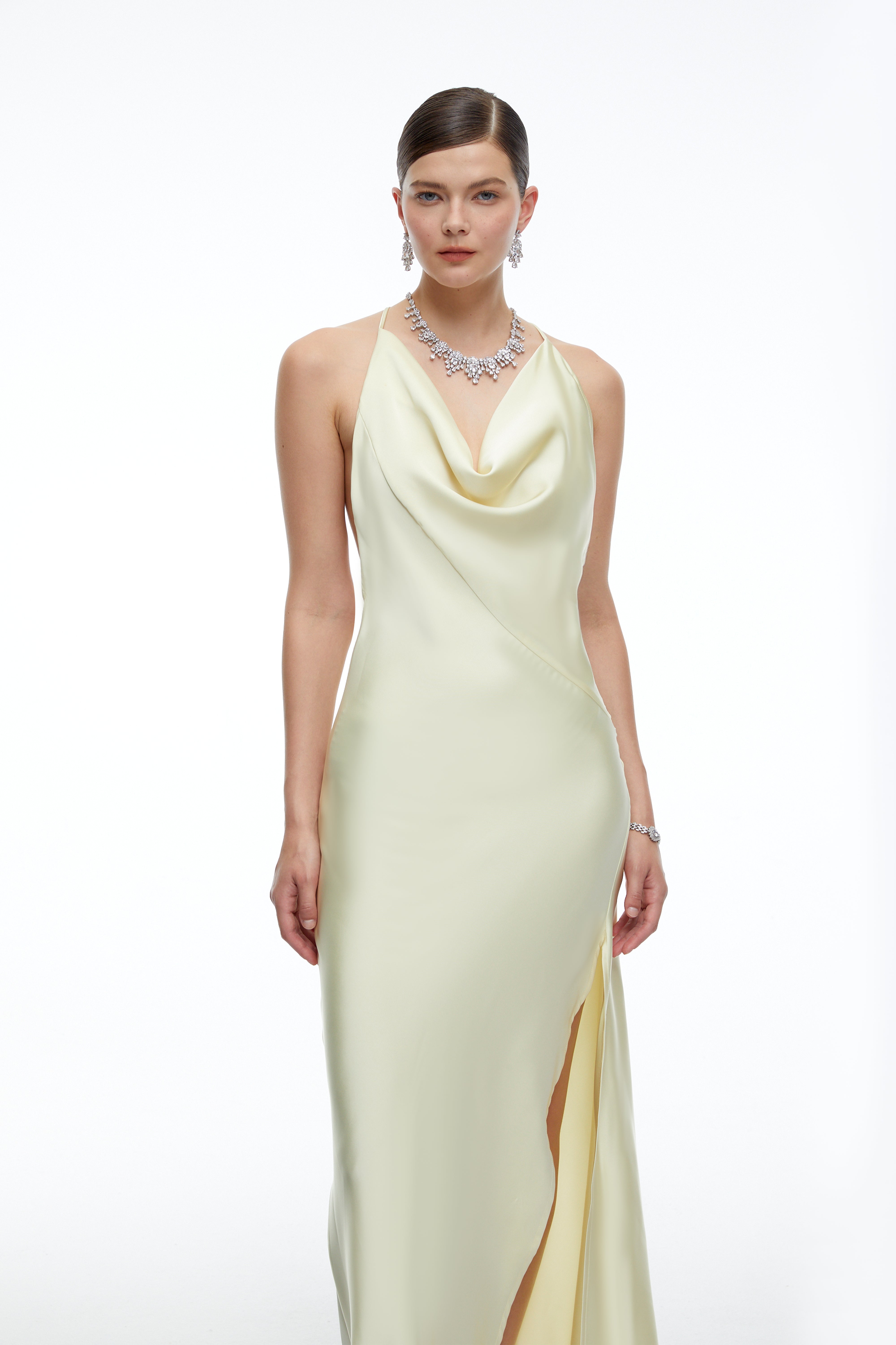 Amara Neutral Satin Cowl Neck Maxi Dress