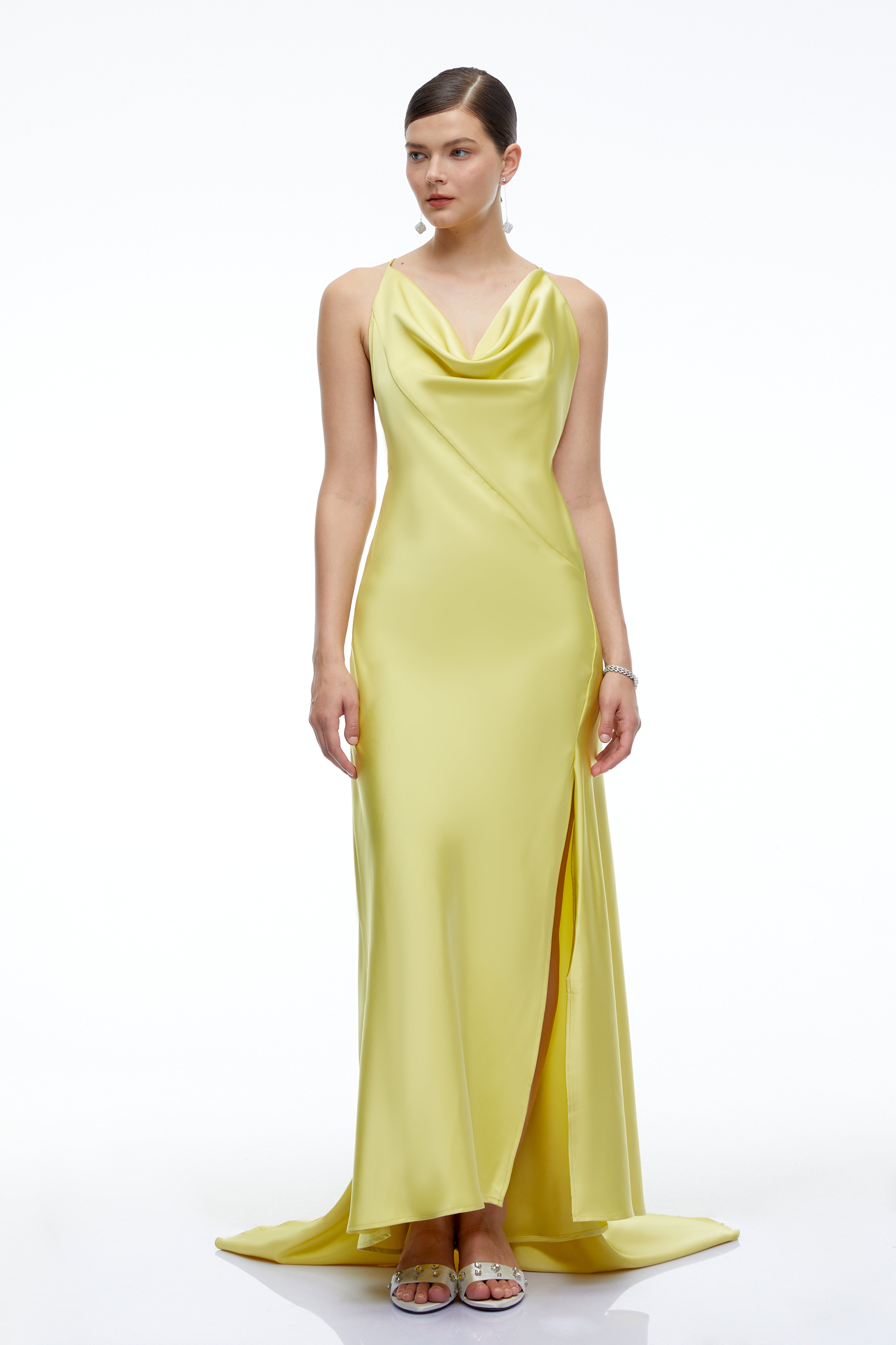Amara Olive Green Satin Cowl Neck Maxi Dress
