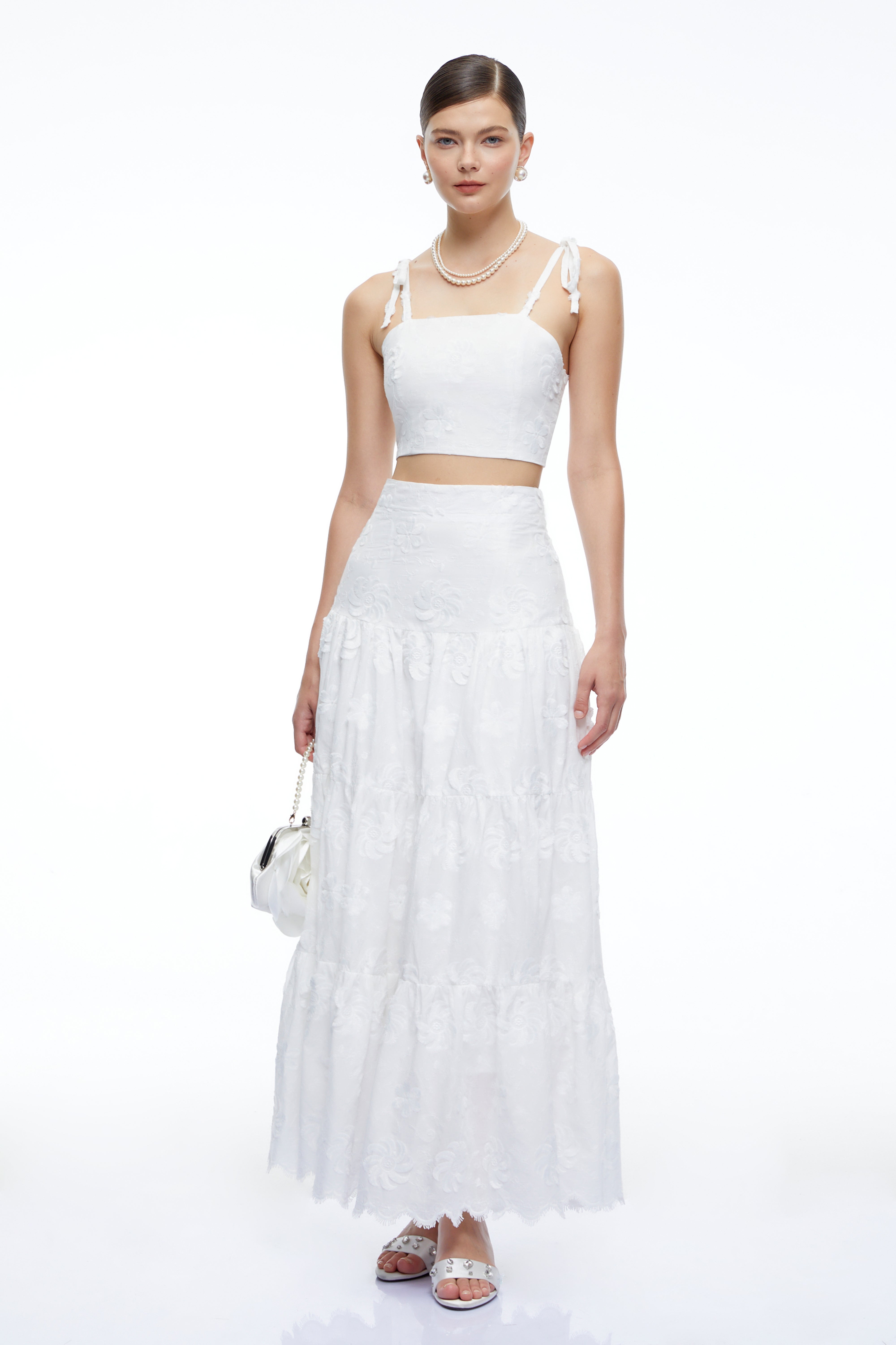 Amarante White Floral Crop Top & Maxi Skirt Set