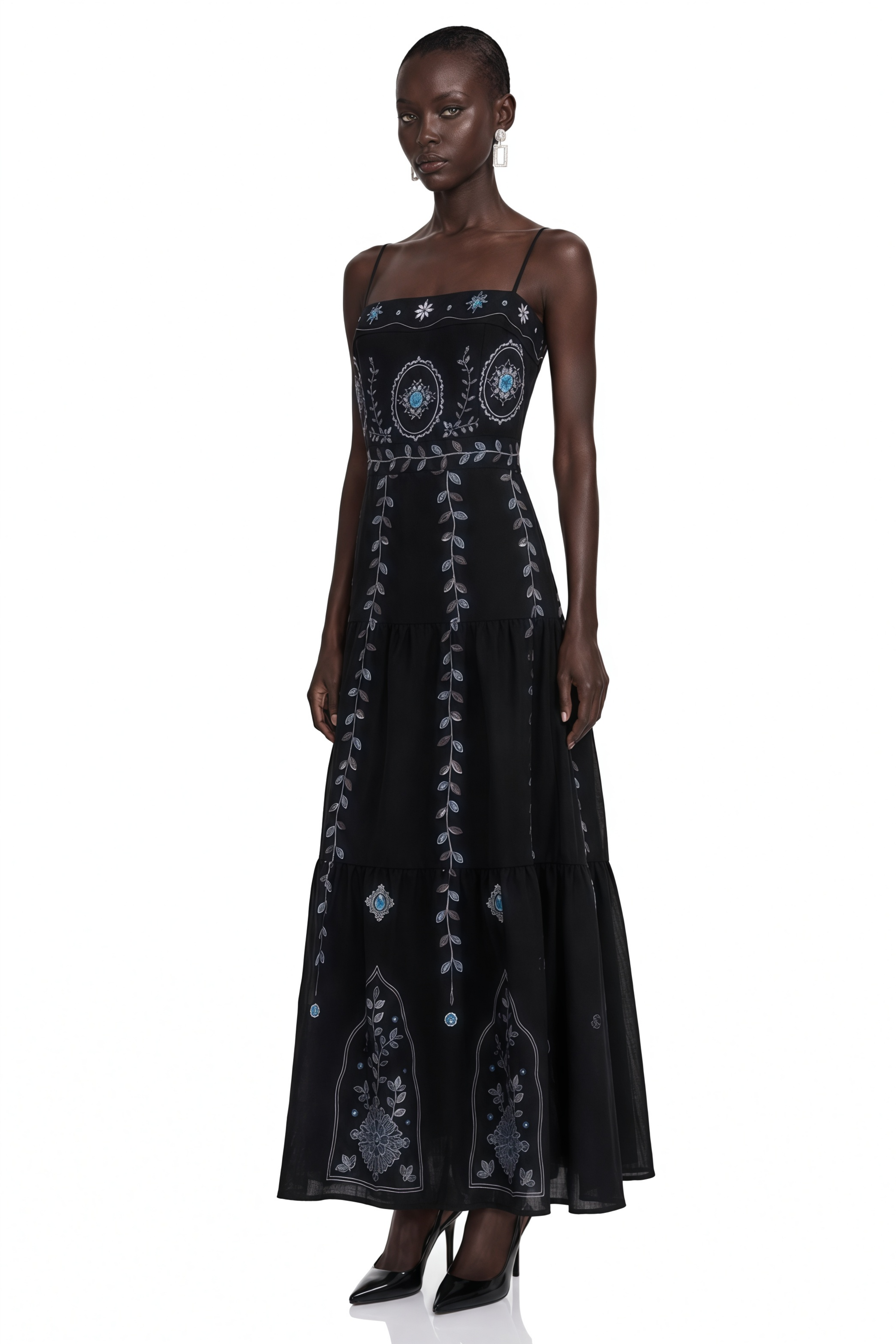 Amarinthe Black Embroidered Maxi Dress with Spaghetti Straps