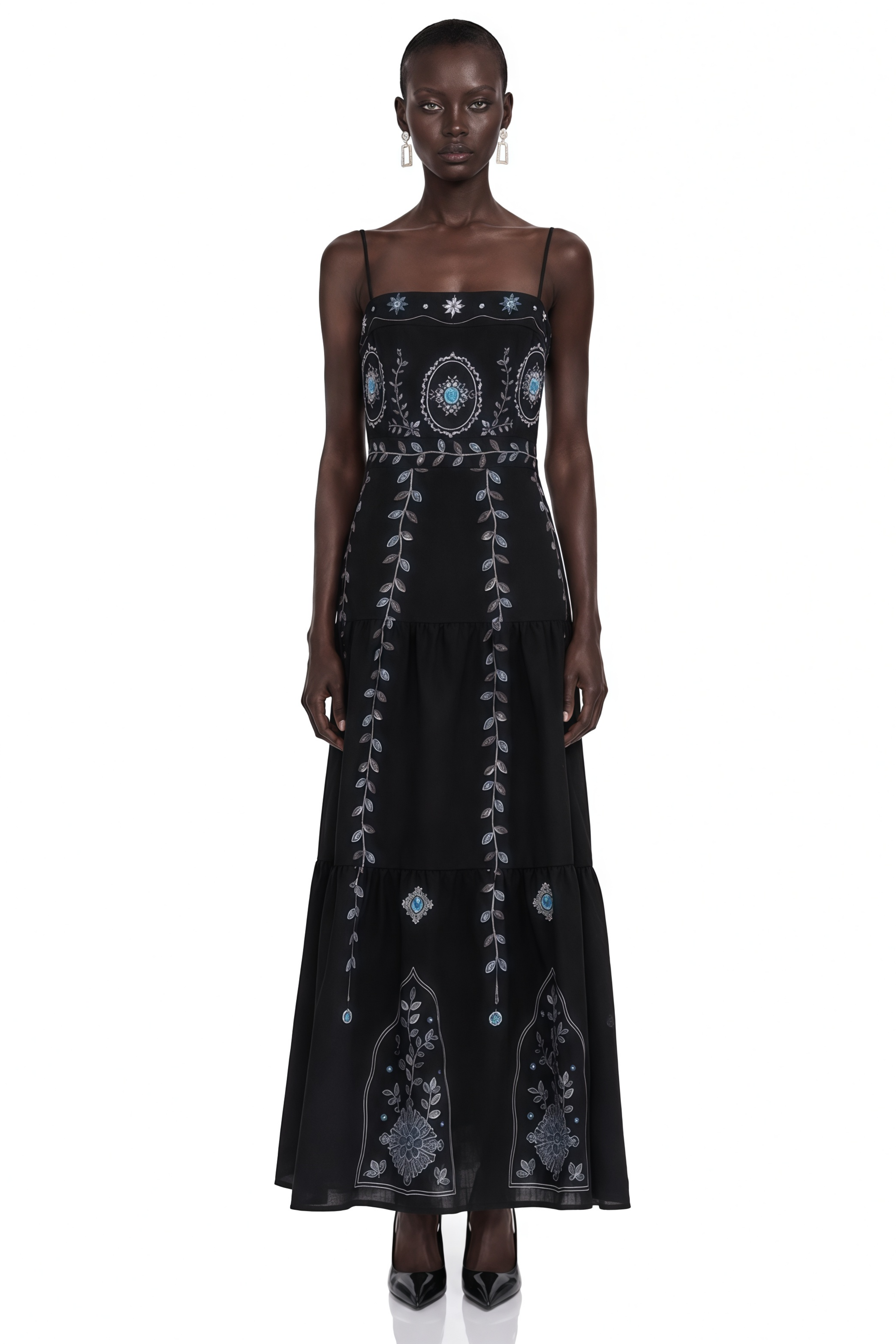 Amarinthe Black Embroidered Maxi Dress with Spaghetti Straps