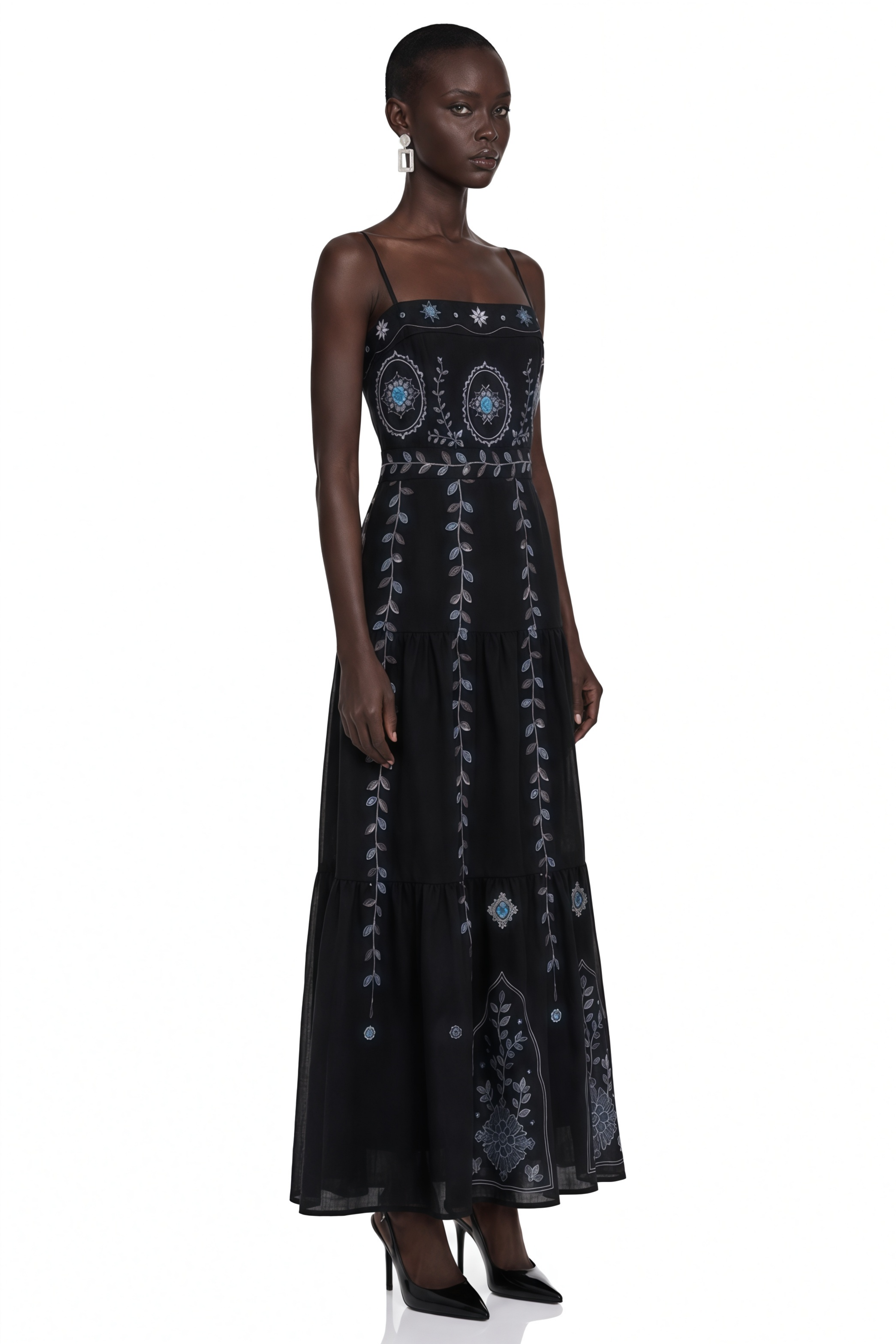 Amarinthe Black Embroidered Maxi Dress with Spaghetti Straps