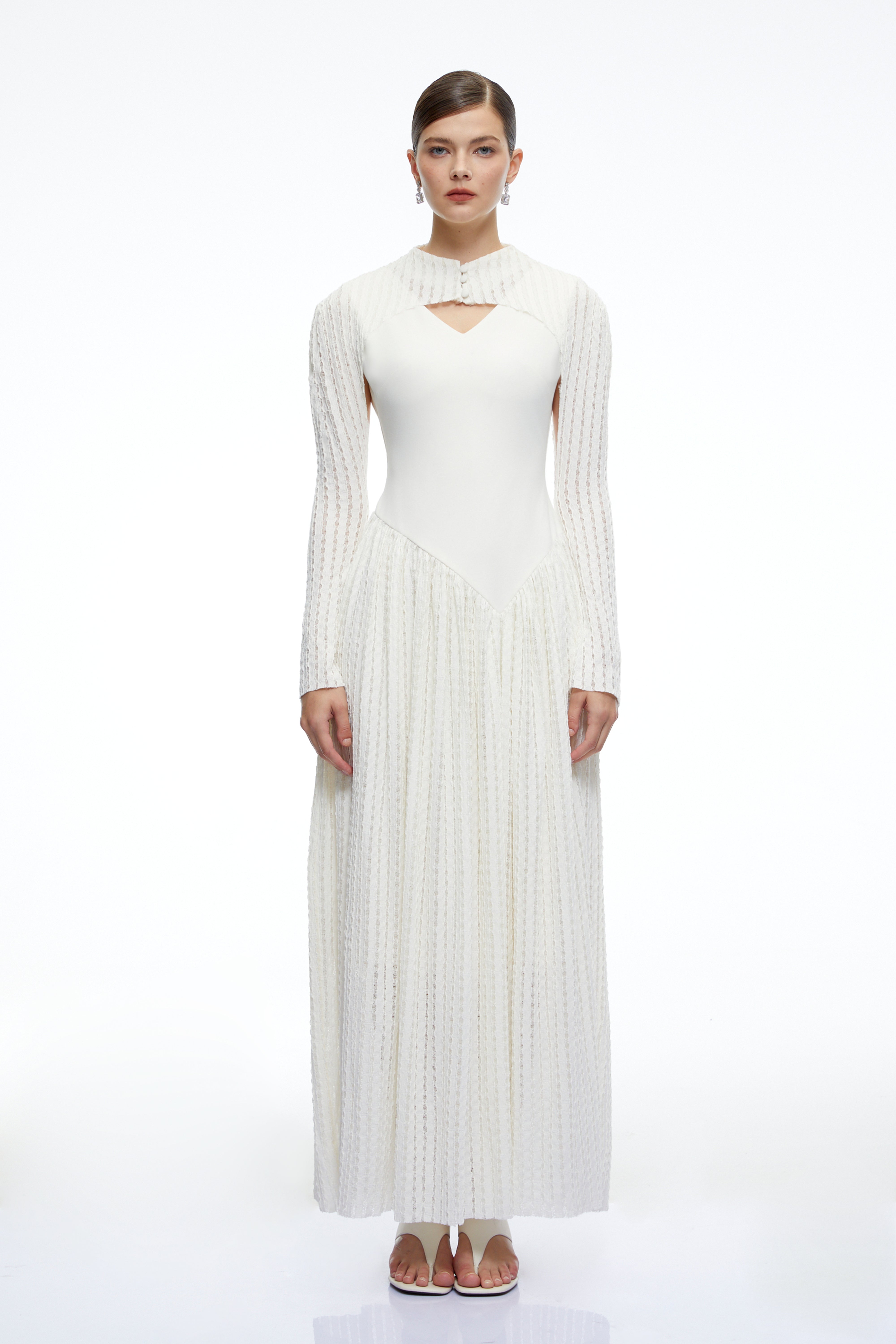 Amaris Neutral Ribbed Knit Long Sleeves Maxi Dress