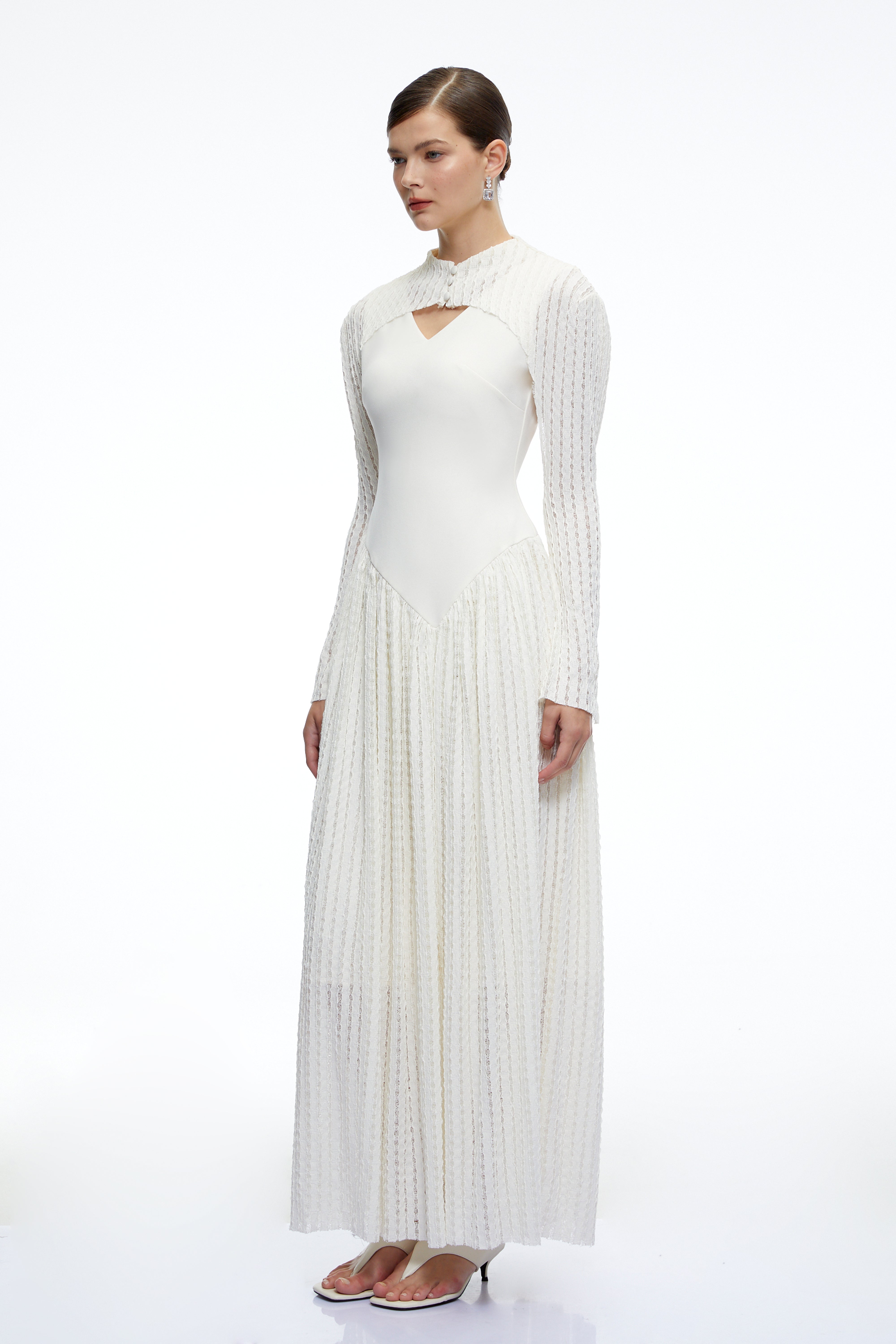 Amaris Neutral Ribbed Knit Long Sleeves Maxi Dress