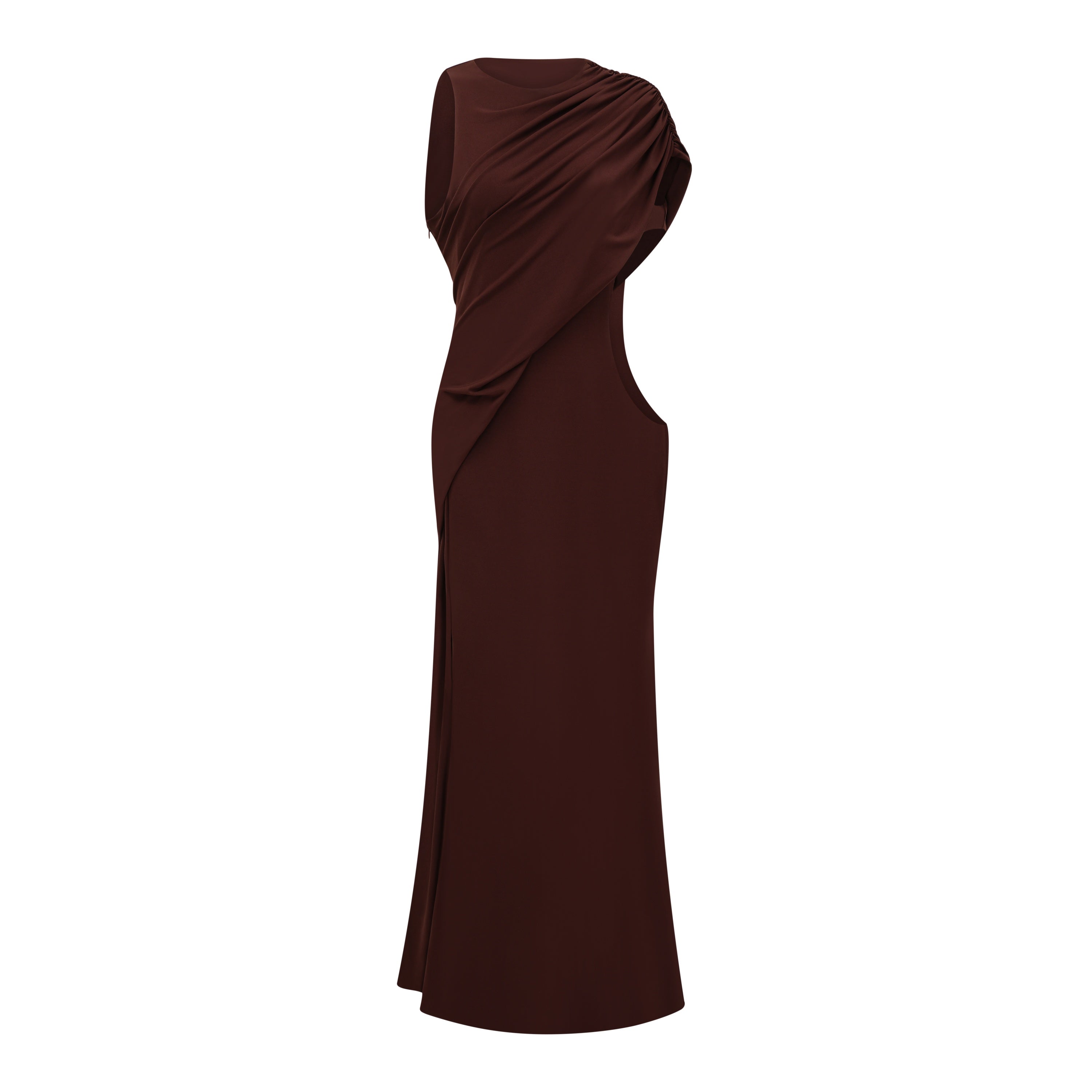 Amore Chocolate Brown One Shoulder Ruched Maxi Dress