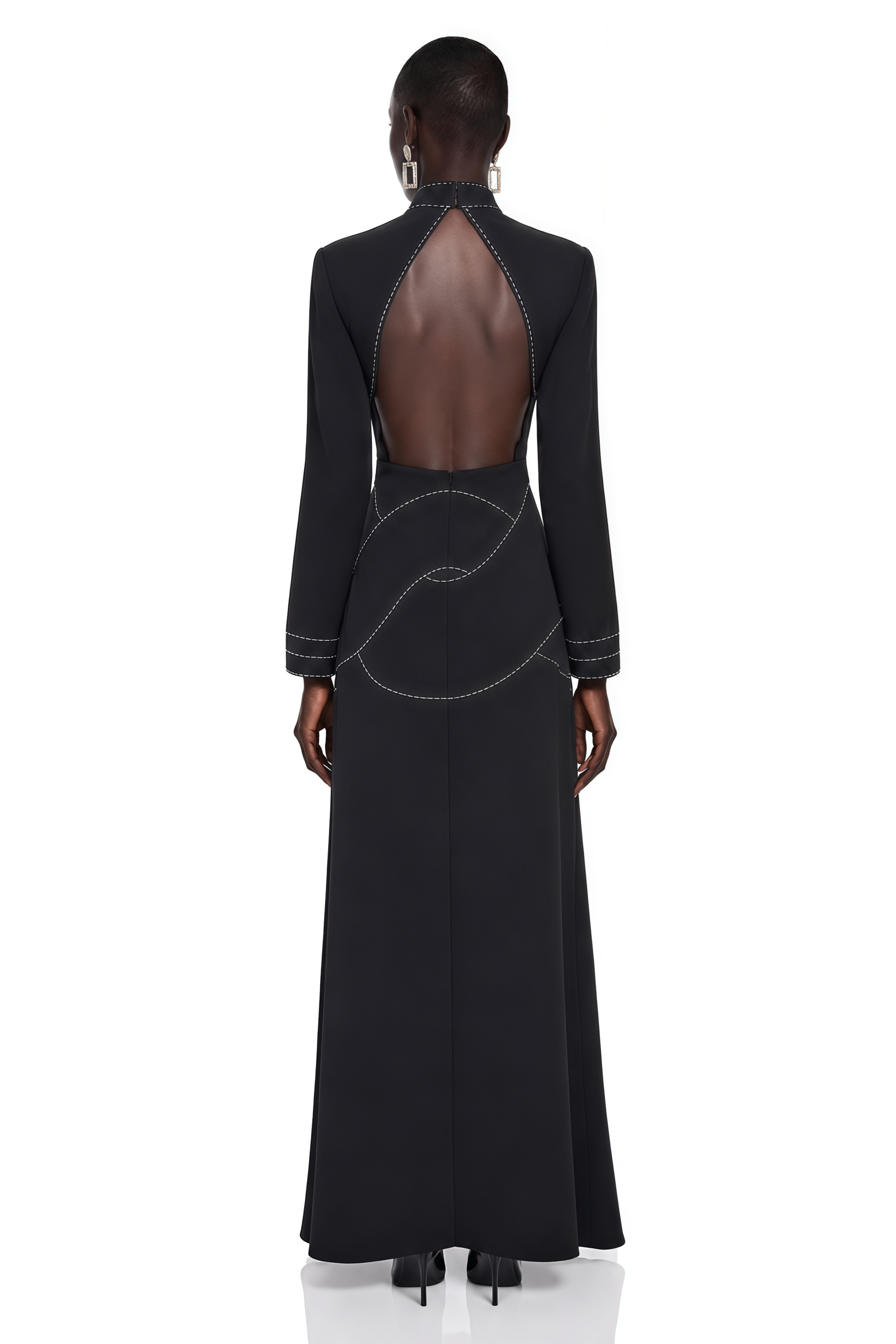 Anais Black High Neck Maxi Dress with Slit and Rhinestone Trim