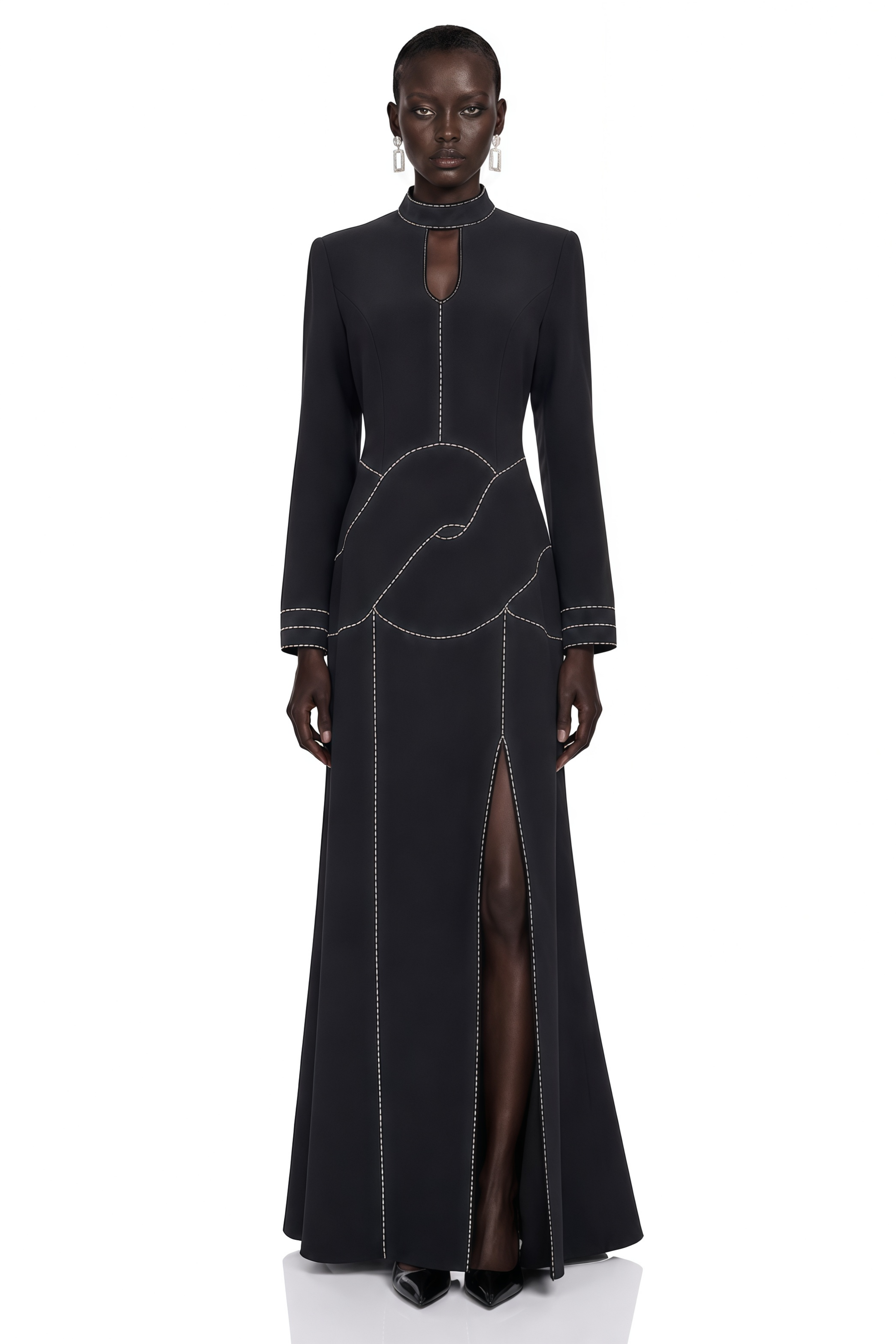 Anais Black High Neck Maxi Dress with Slit and Rhinestone Trim