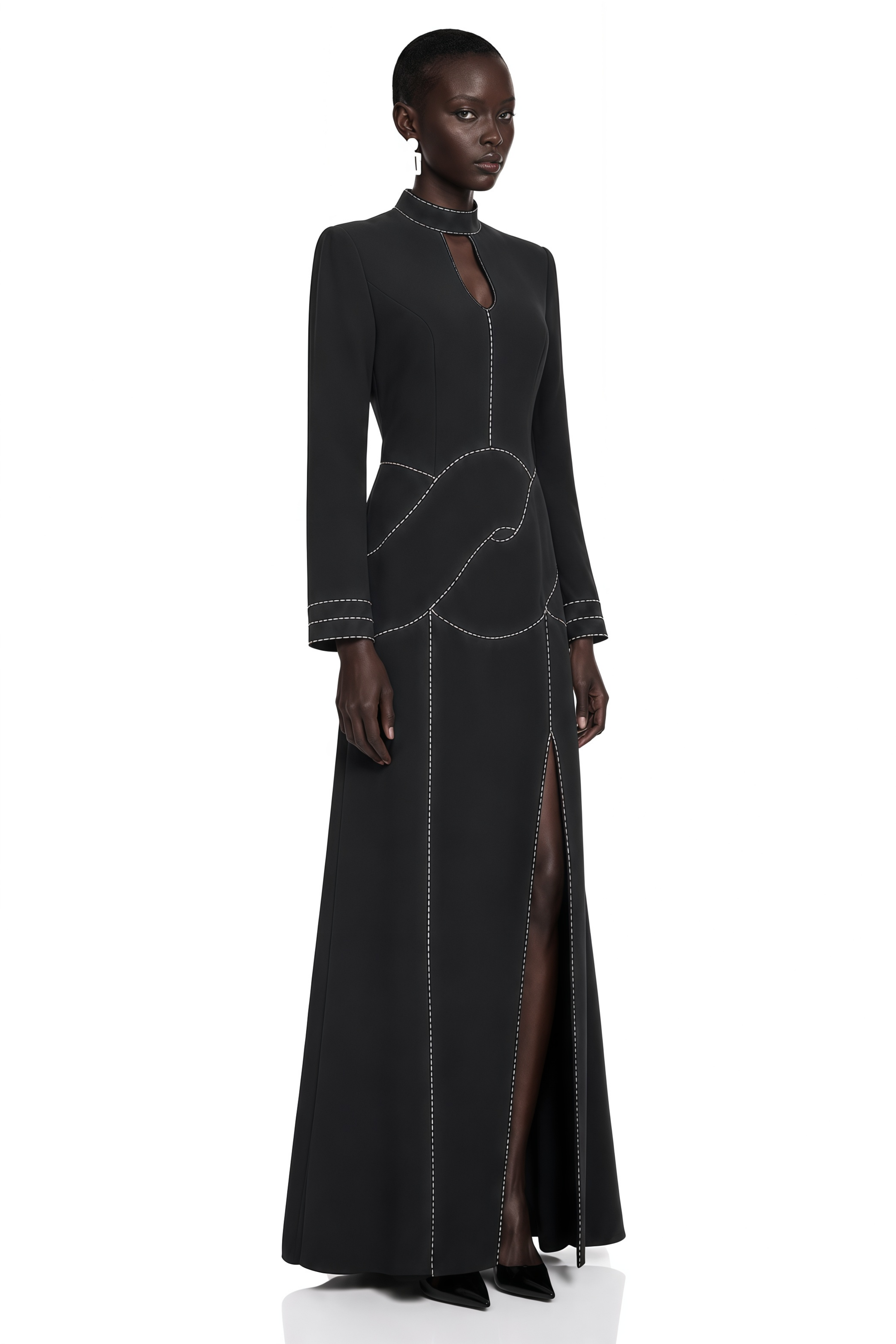 Anais Black High Neck Maxi Dress with Slit and Rhinestone Trim