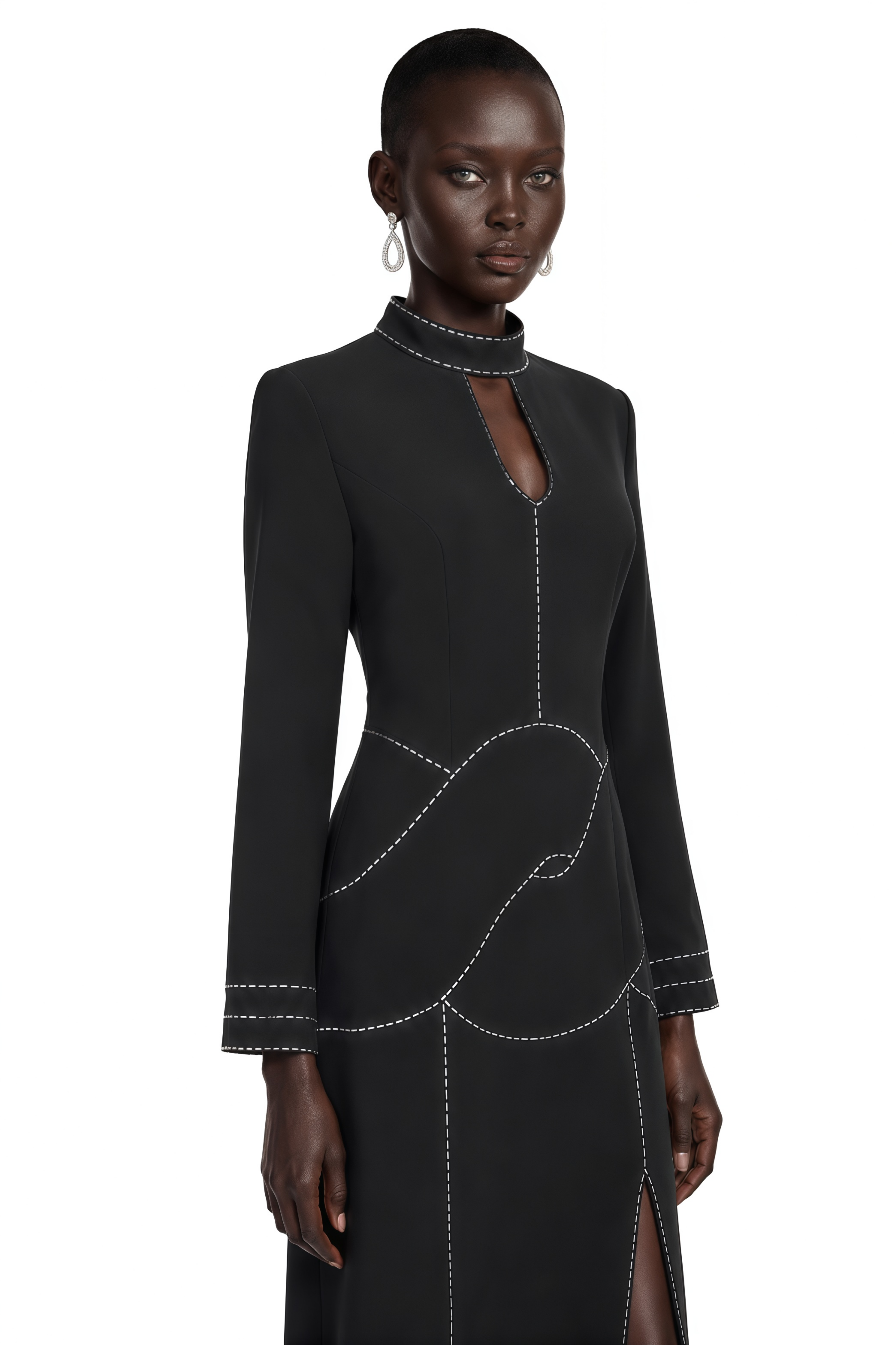 Anais Black High Neck Maxi Dress with Slit and Rhinestone Trim
