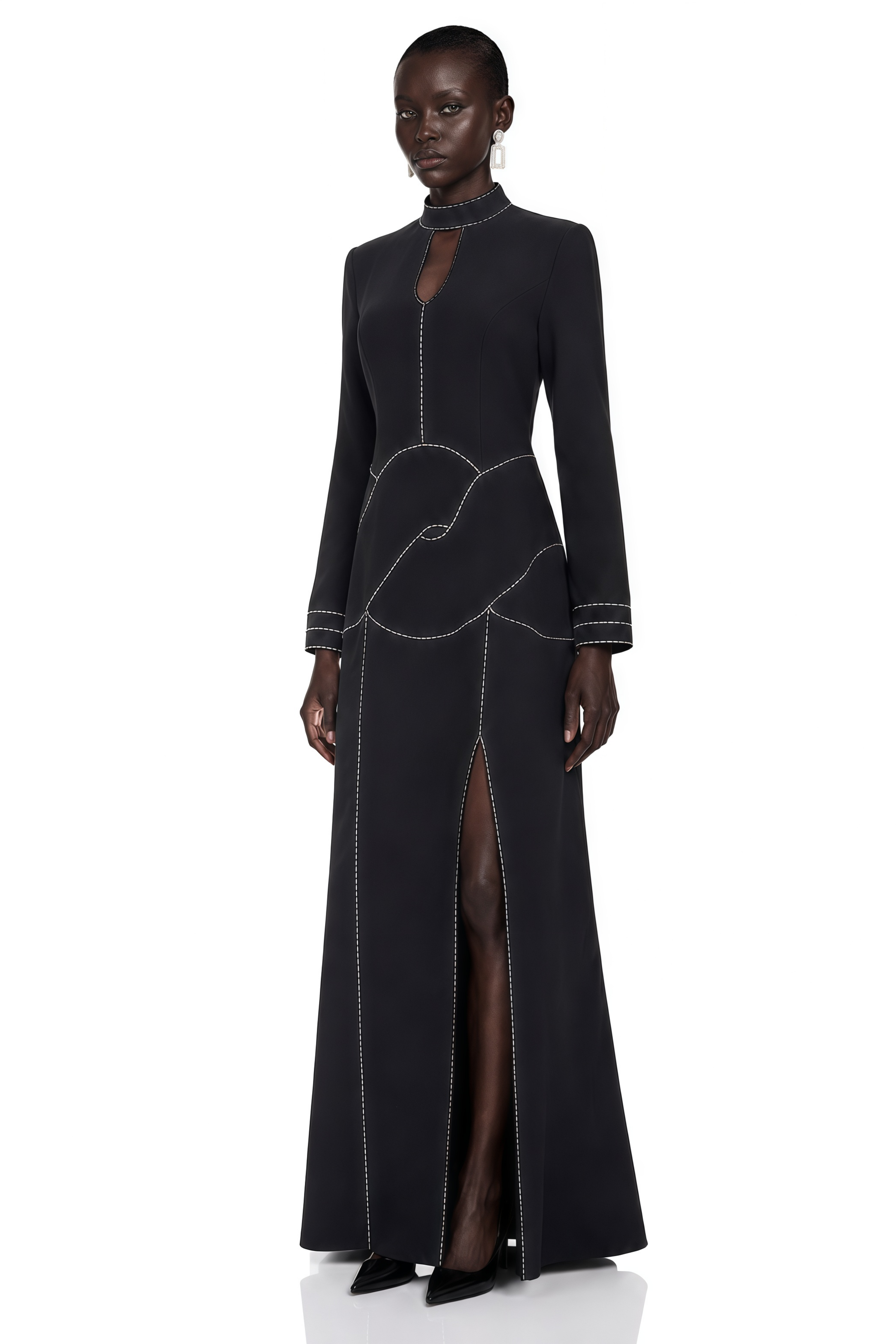 Anais Black High Neck Maxi Dress with Slit and Rhinestone Trim