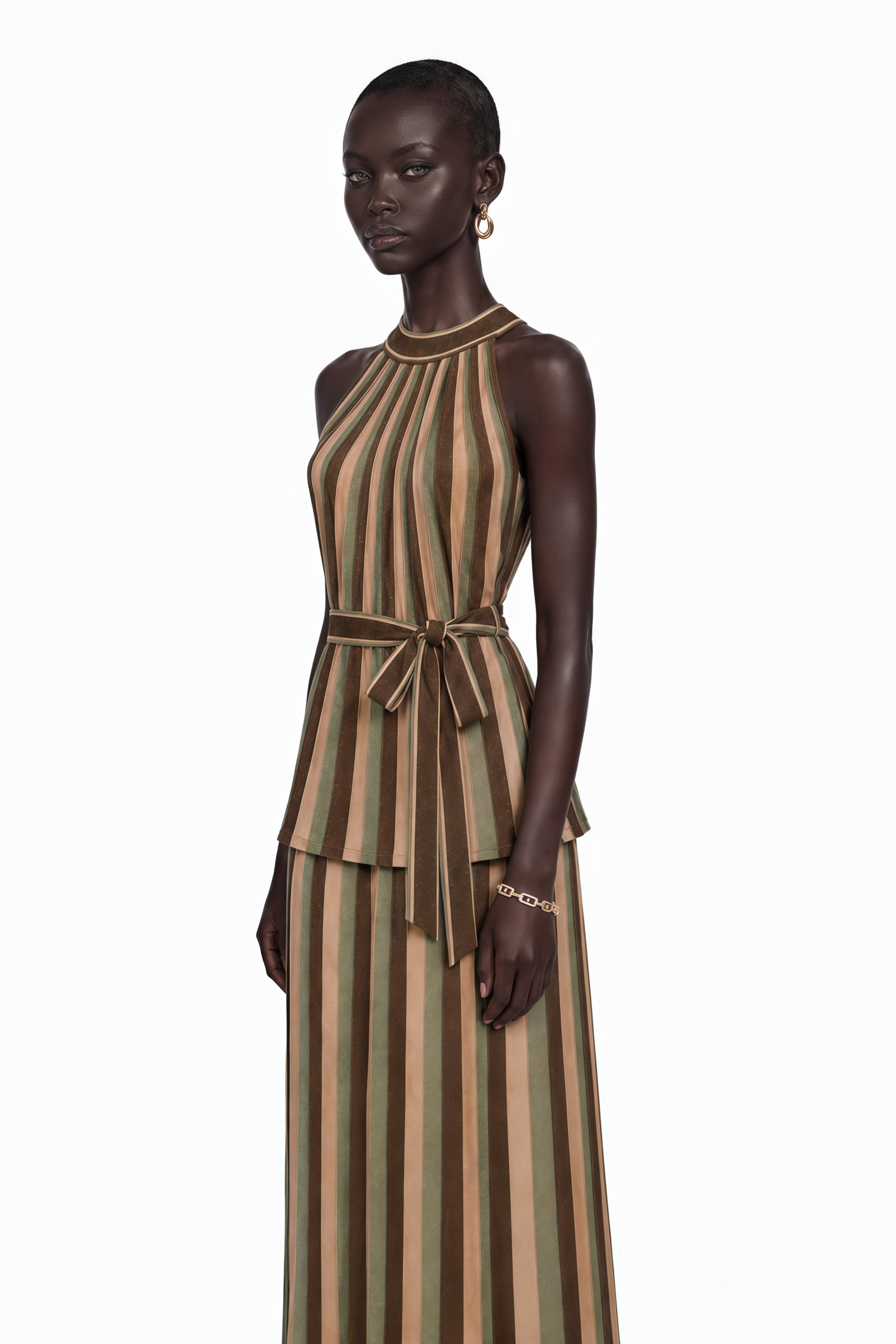Striped halter maxi dress with a belted peplum waist