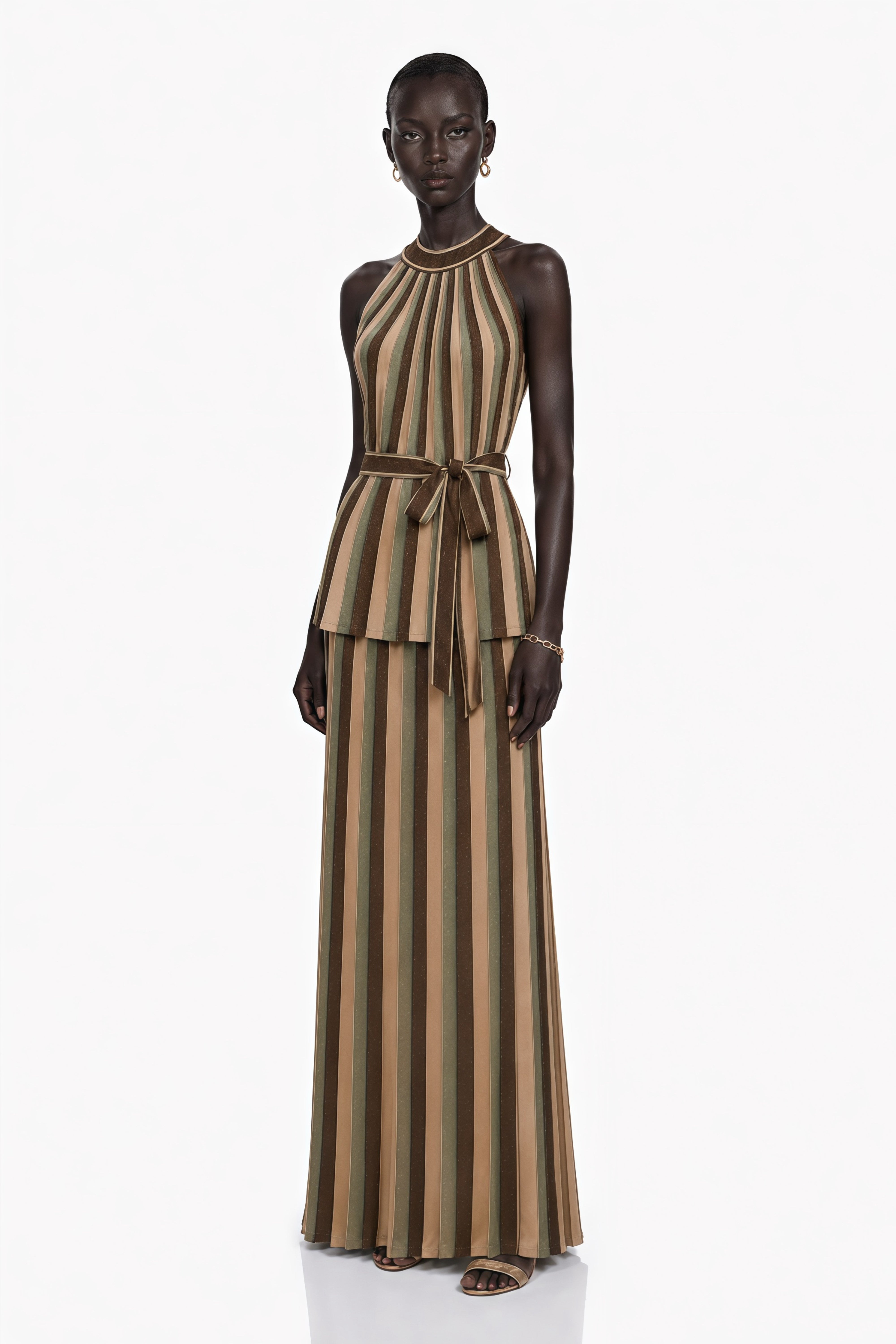 Striped halter maxi dress with a belted peplum waist