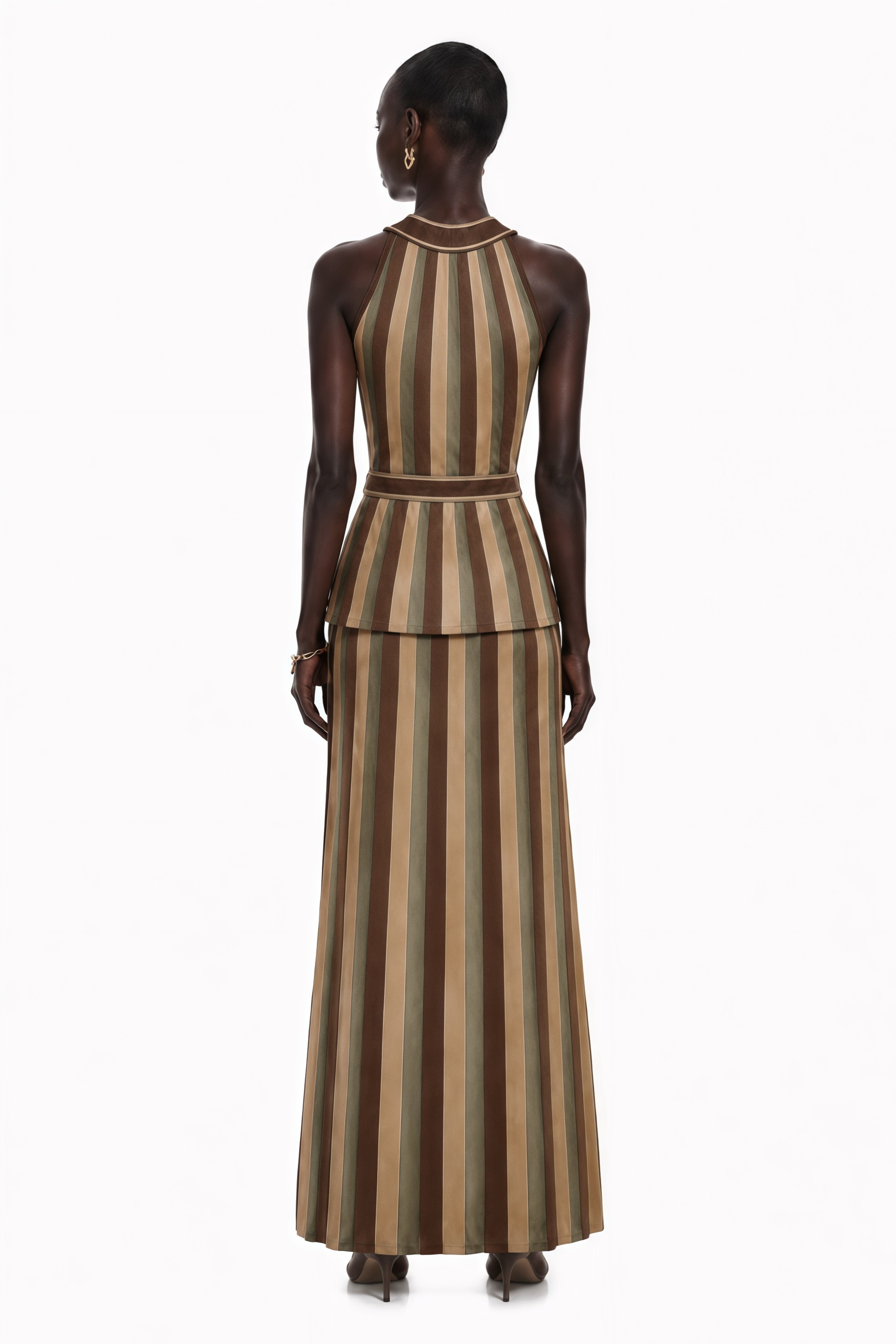 Striped halter maxi dress with a belted peplum waist