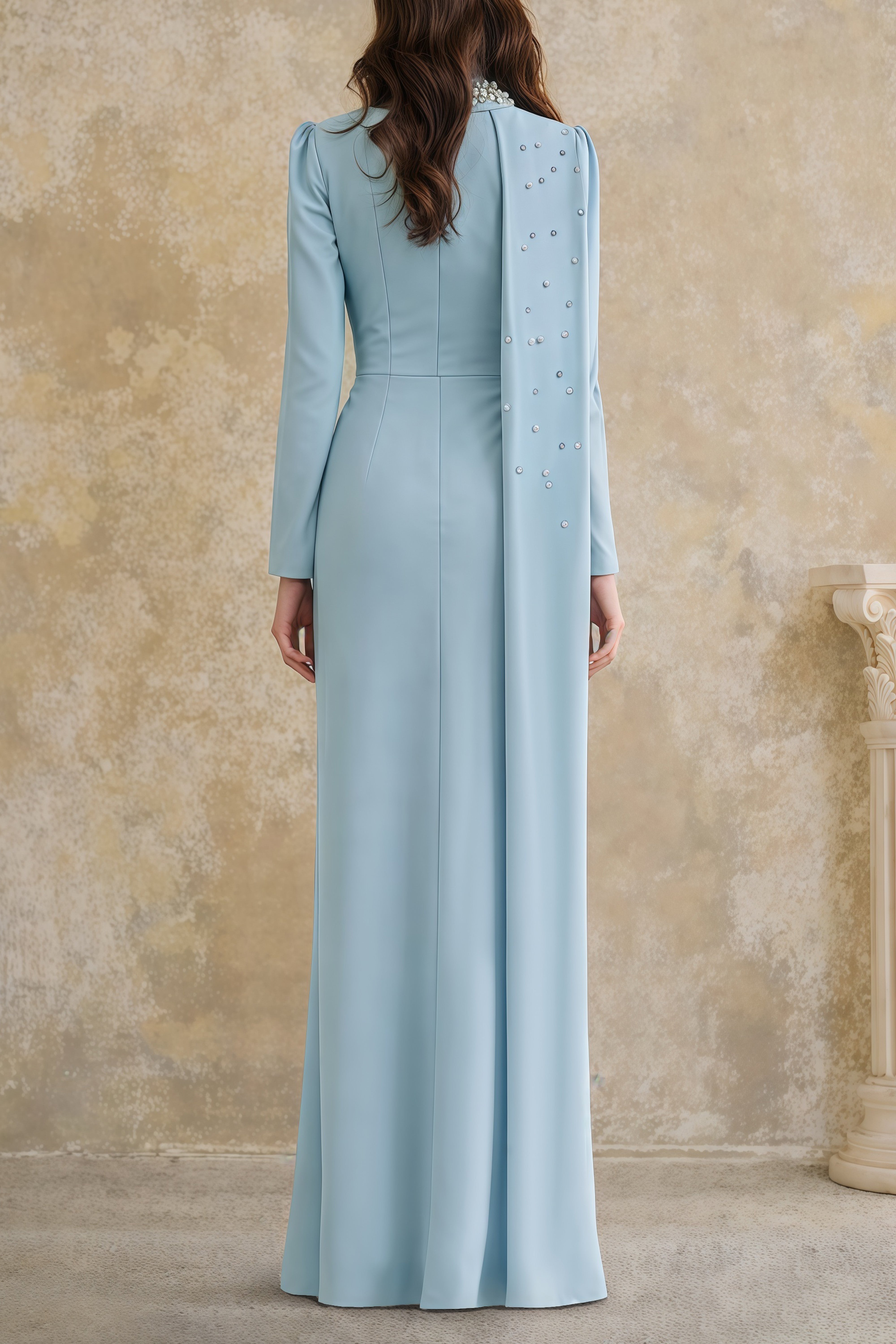 Andreea Blue Cape Maxi Dress with Embellishment (Final Sale-US Only)