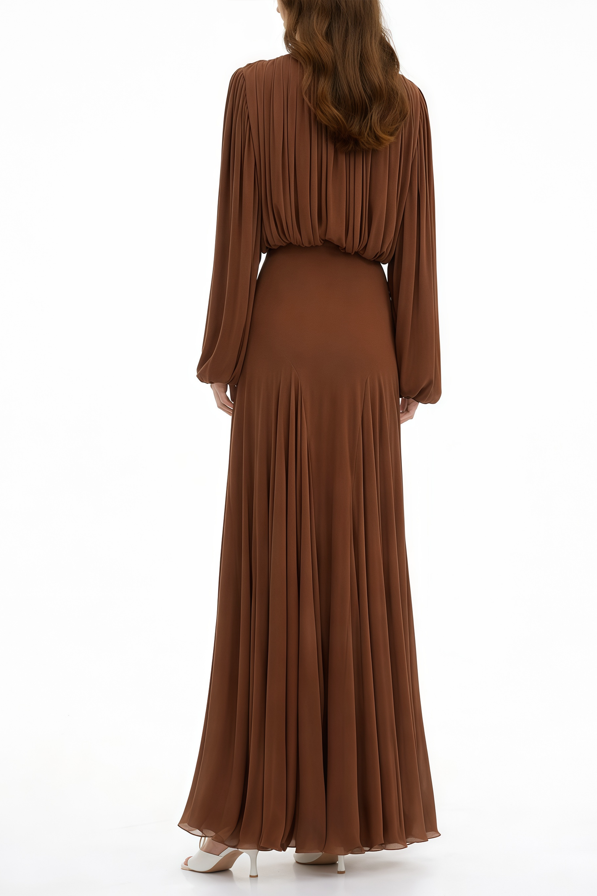 Brown Pleated Maxi Dress with Long Lantern Sleeves