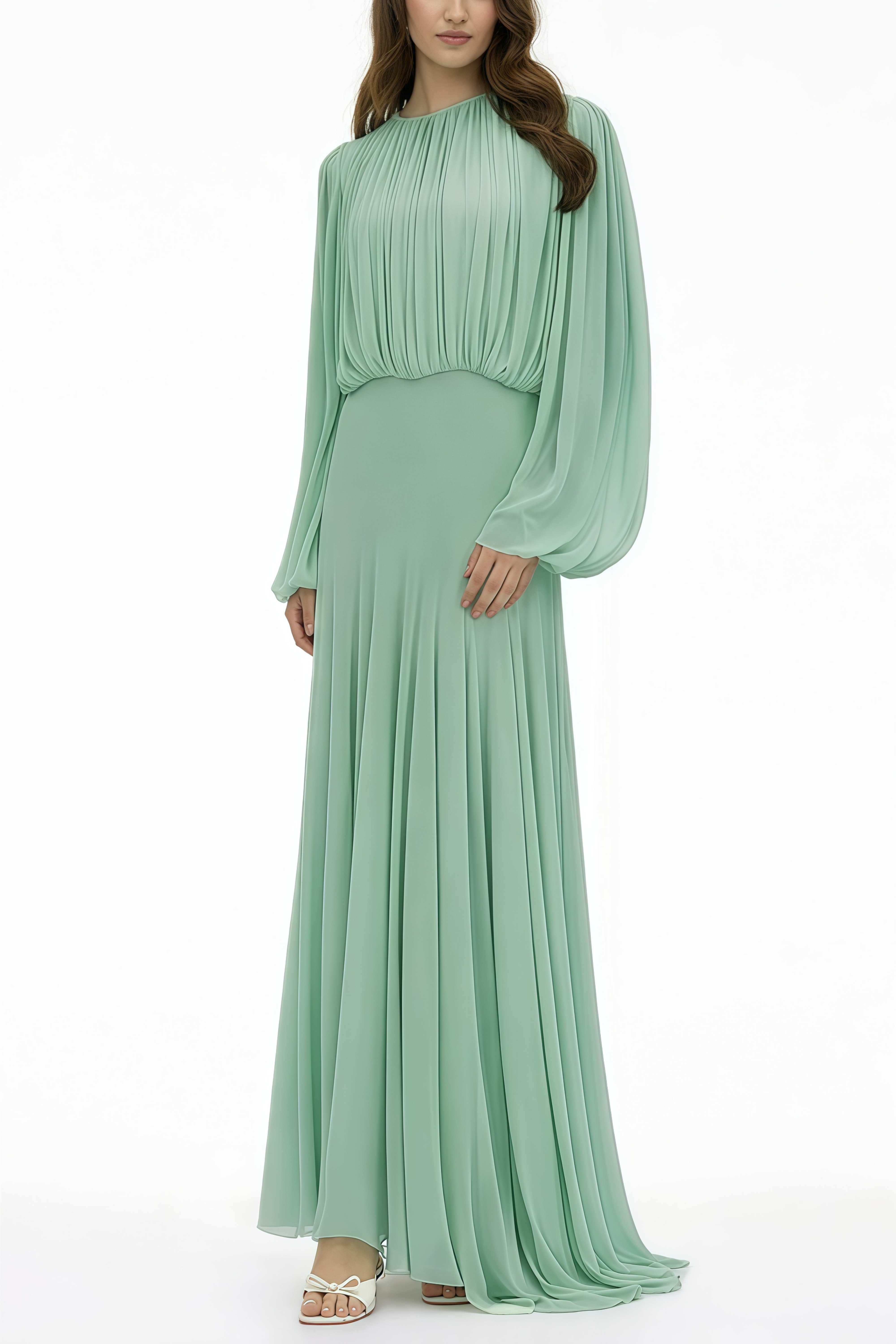 Green Lantern Sleeve Pleated Maxi Dress