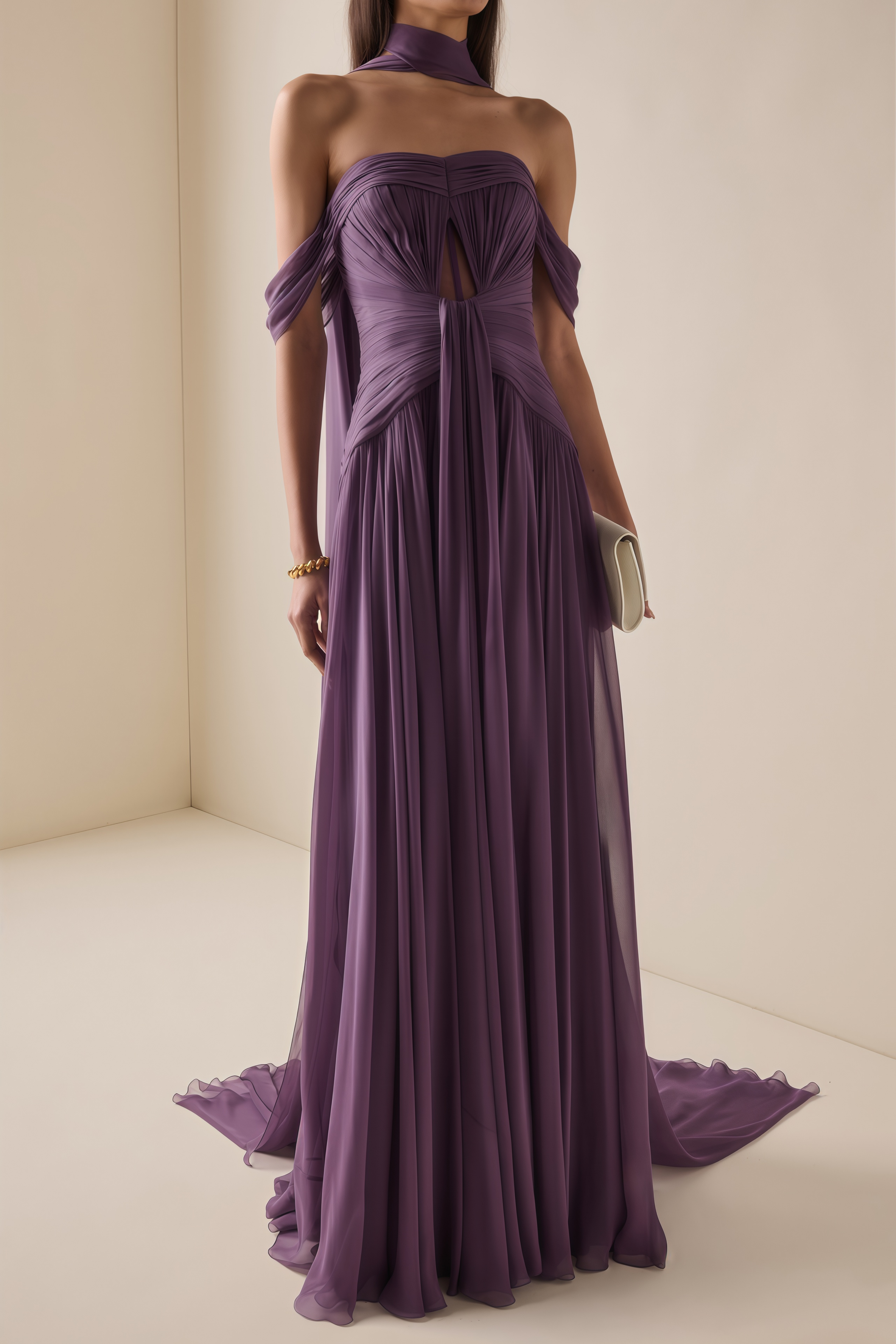 Purple Chiffon Pleated Maxi Dress with Choker Neck and Off-the-Shoulder Sleeves
