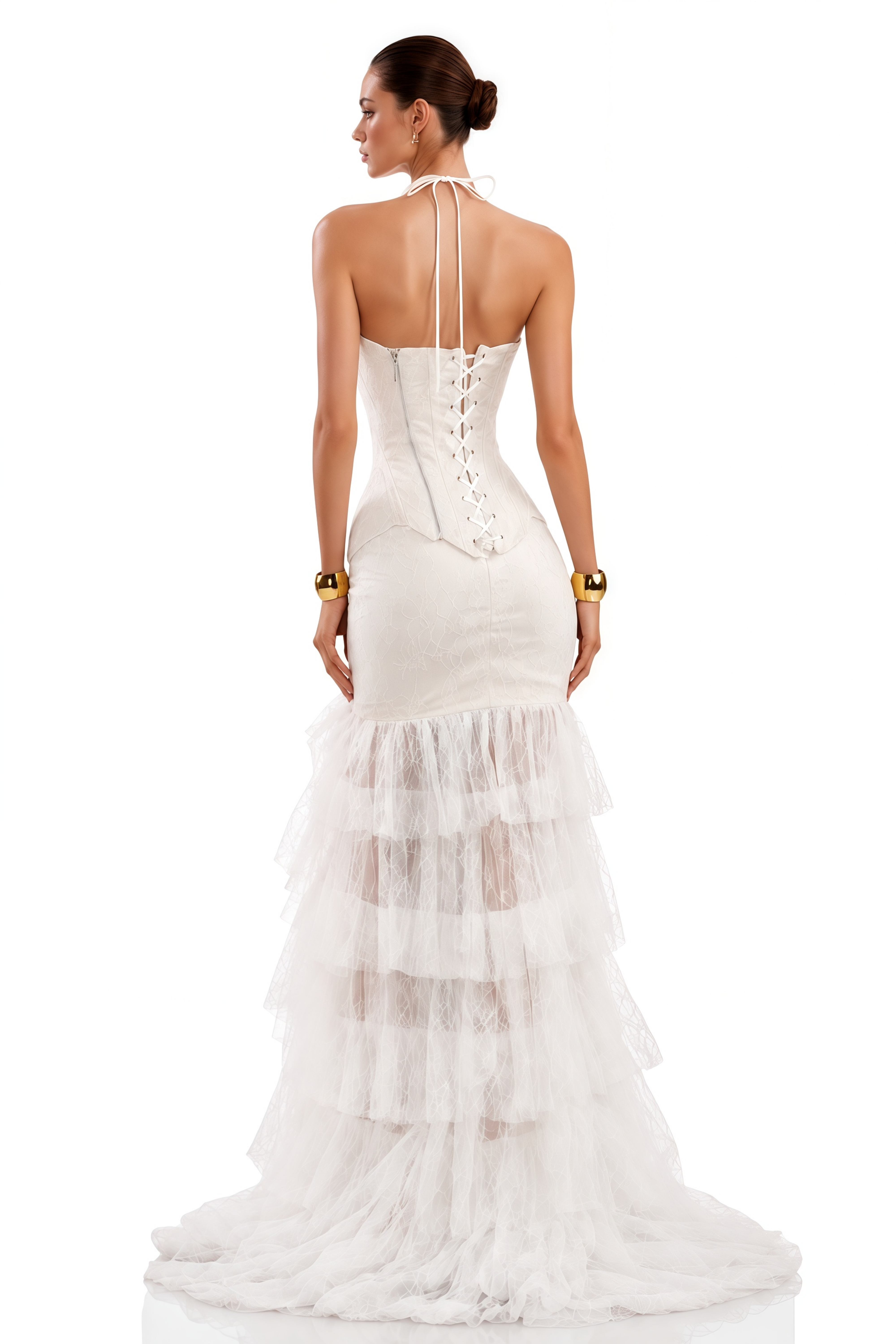 Annette White Halterneck Lace Ruffled Maxi Dress
