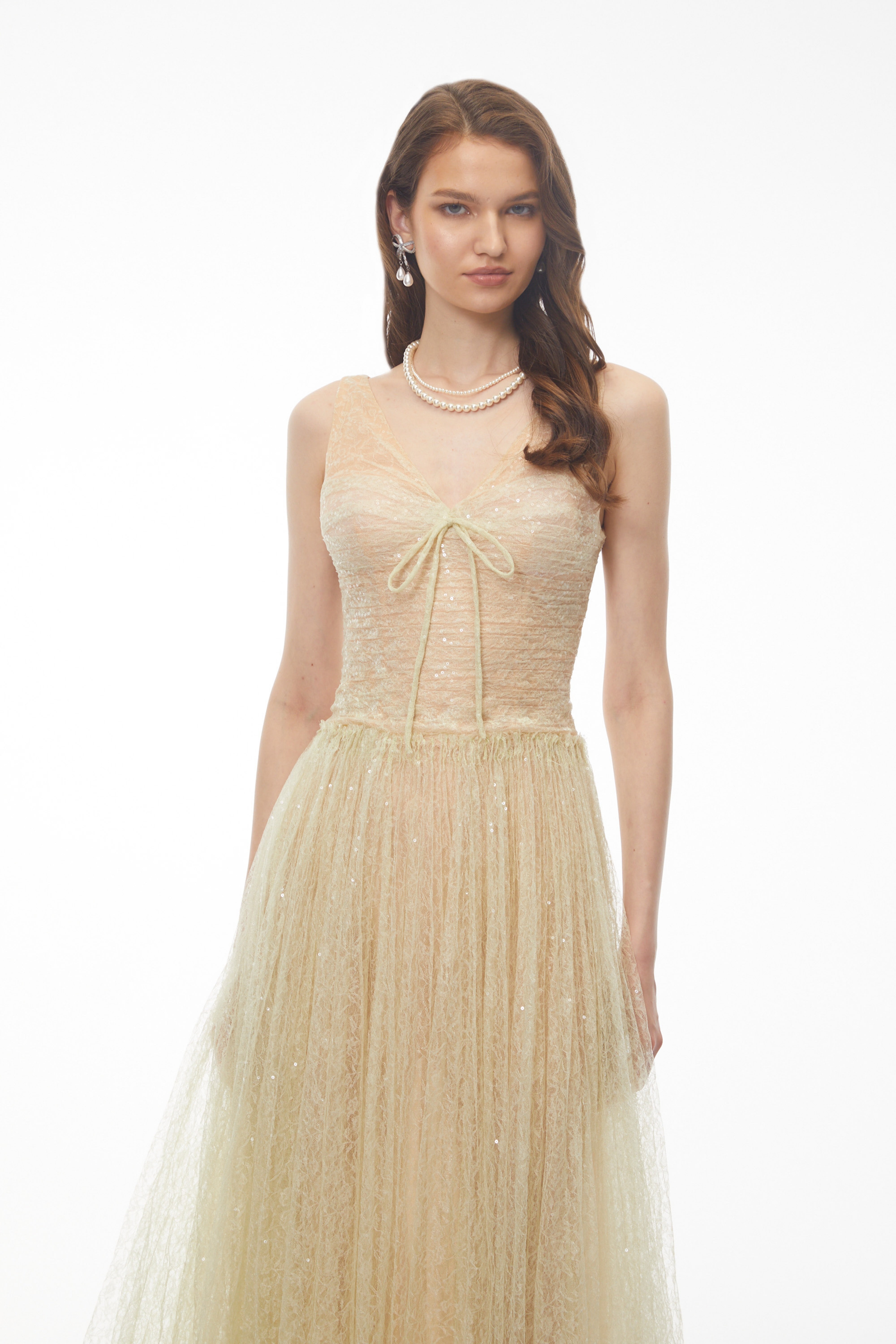 Annika Green Sequin Tulle Maxi Dress with Lace Panels (Final Sale)