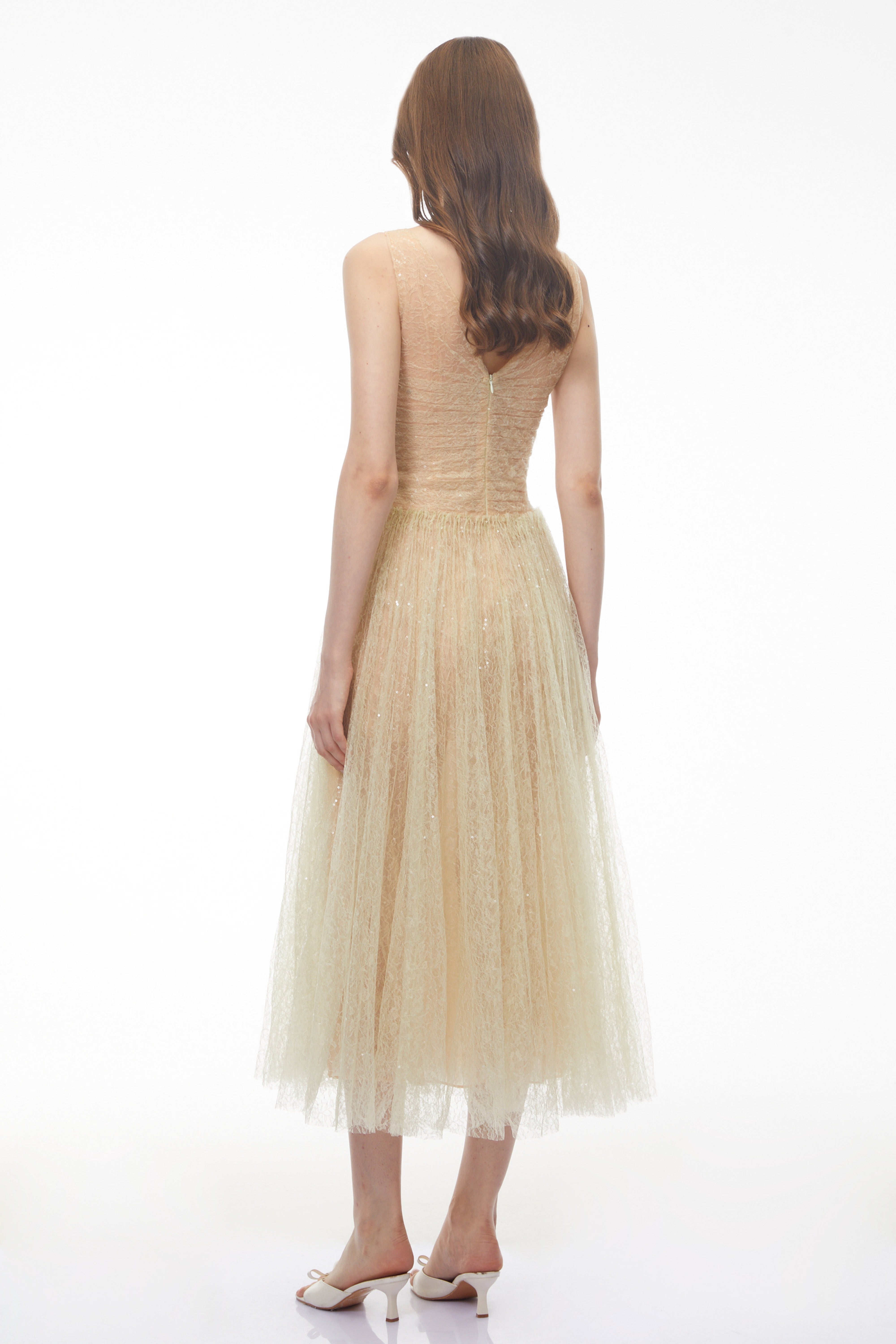 Annika Green Sequin Tulle Maxi Dress with Lace Panels (Final Sale)