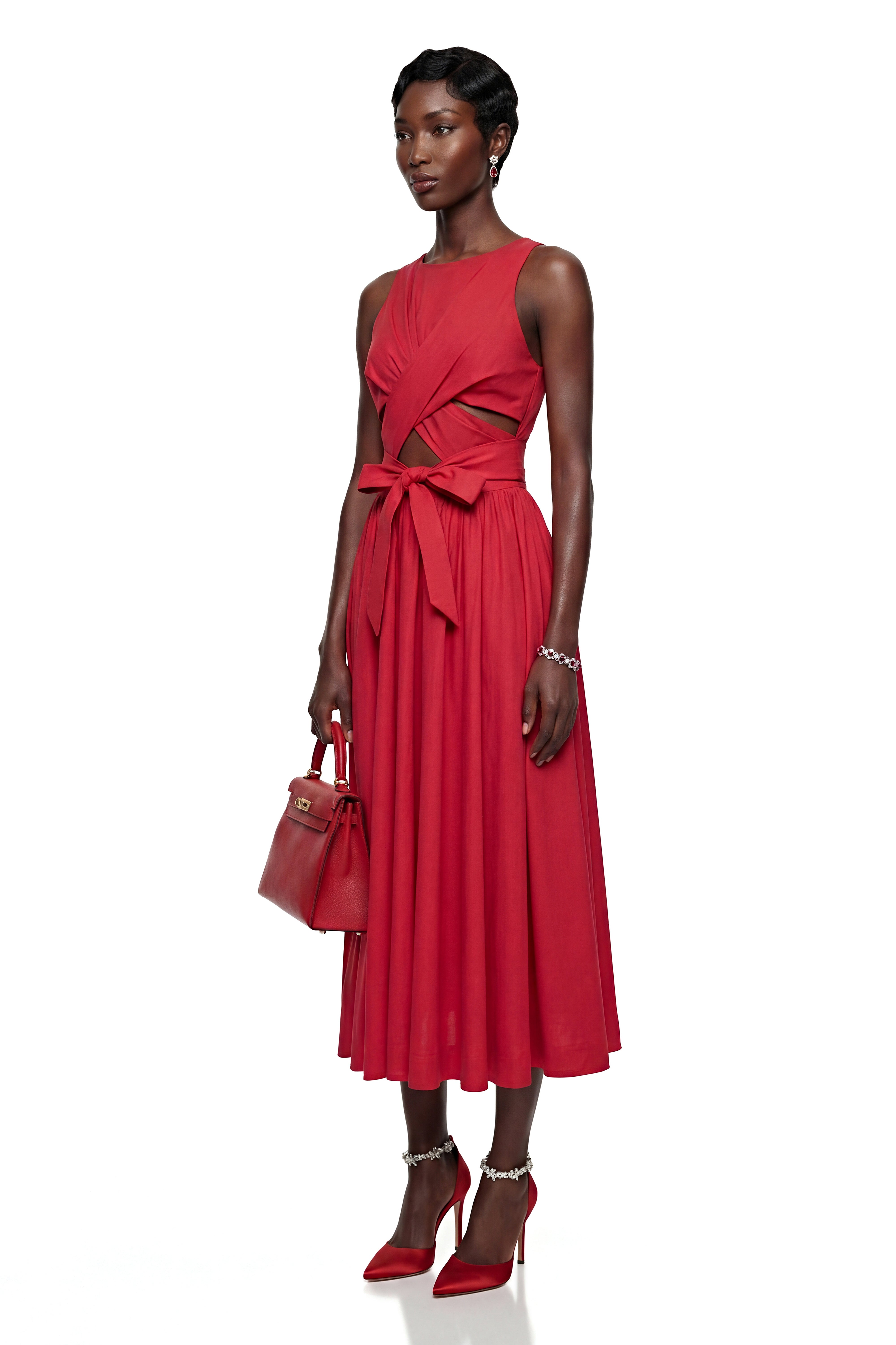 Antigone Red Halterneck Midi Dress with Cut-Outs (Final Sale-US Only)