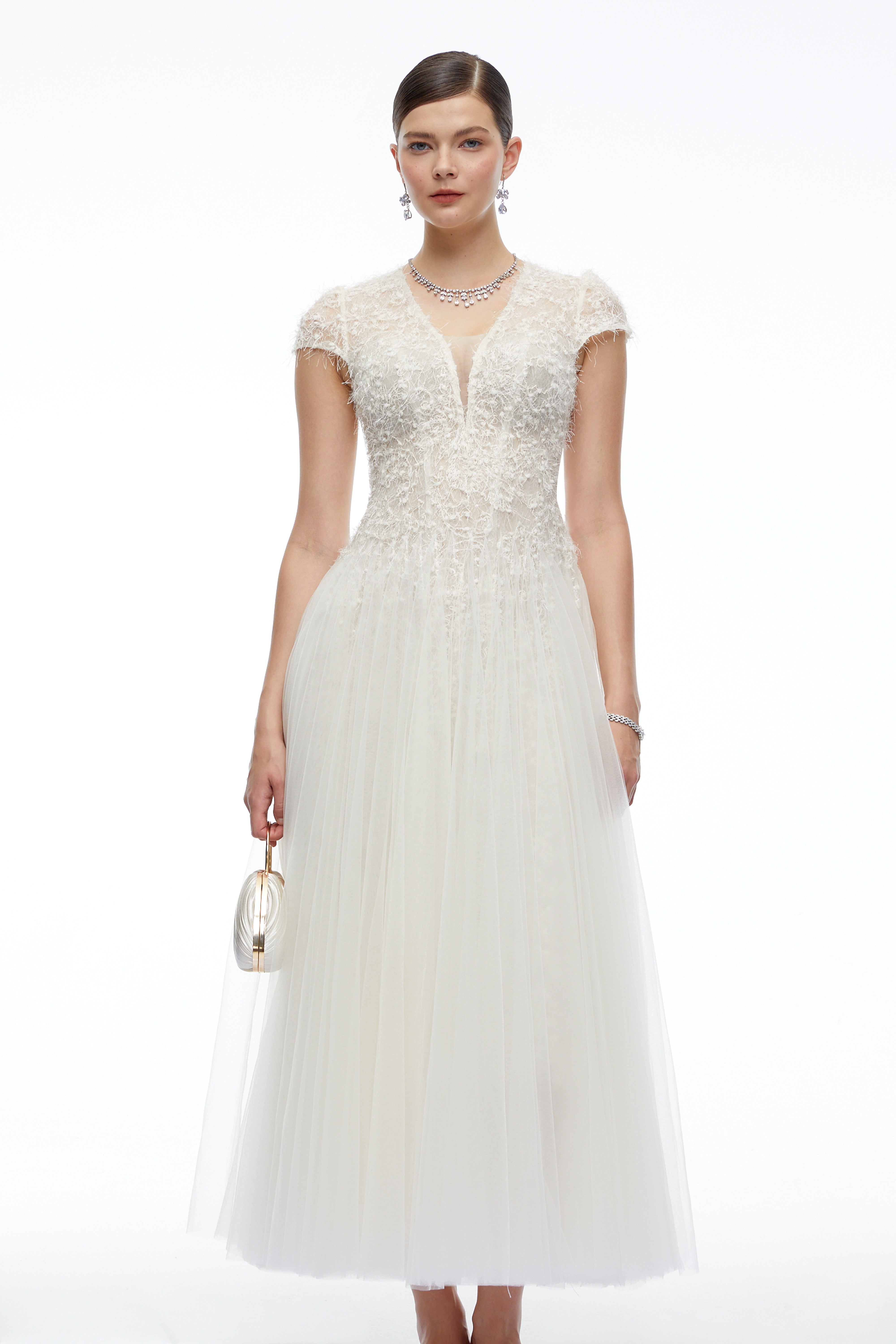 Antonia White Plunge Neck Midi Dress with Cap Sleeves