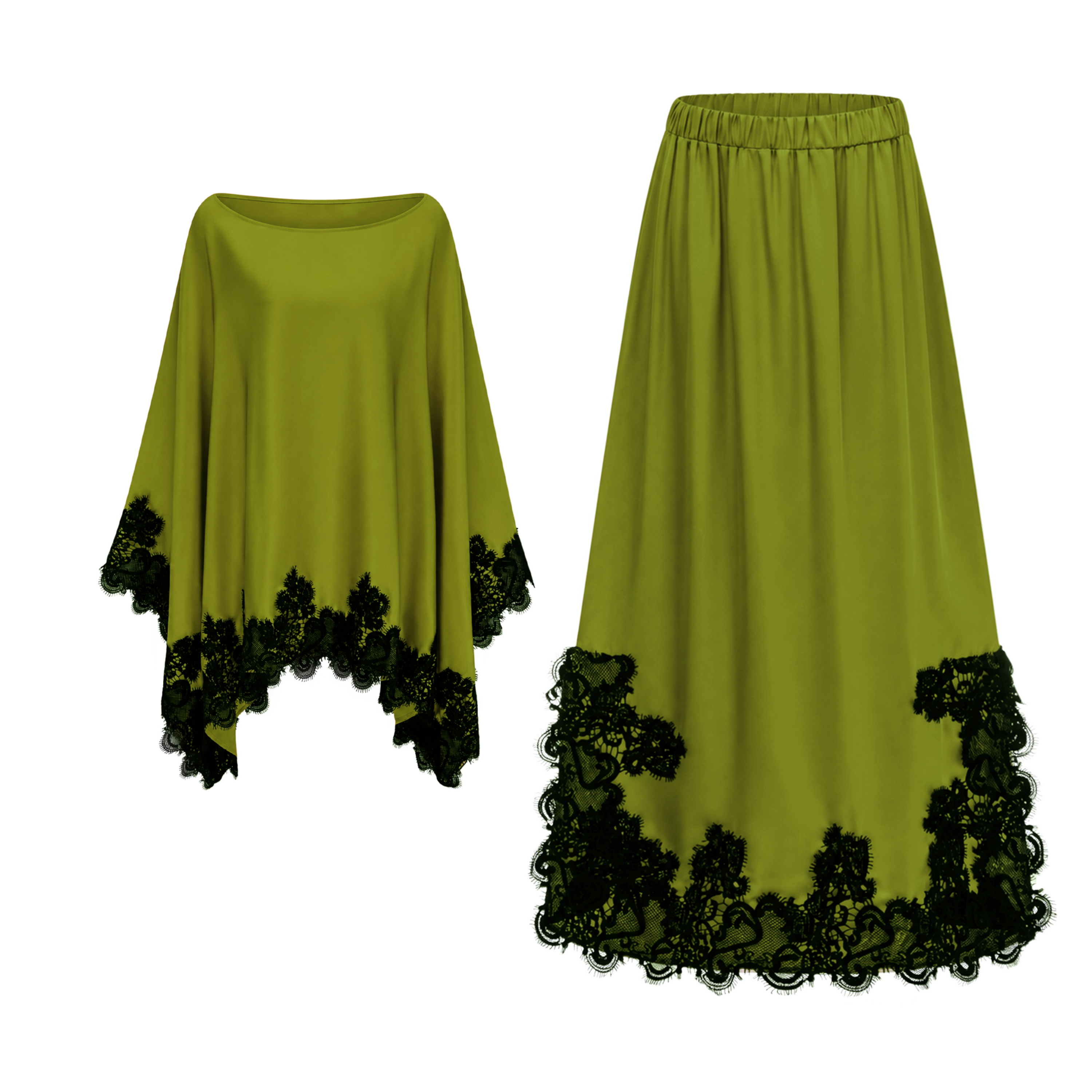 Aoraki Green One Shoulder Top & Skirt Set with Lace Trim