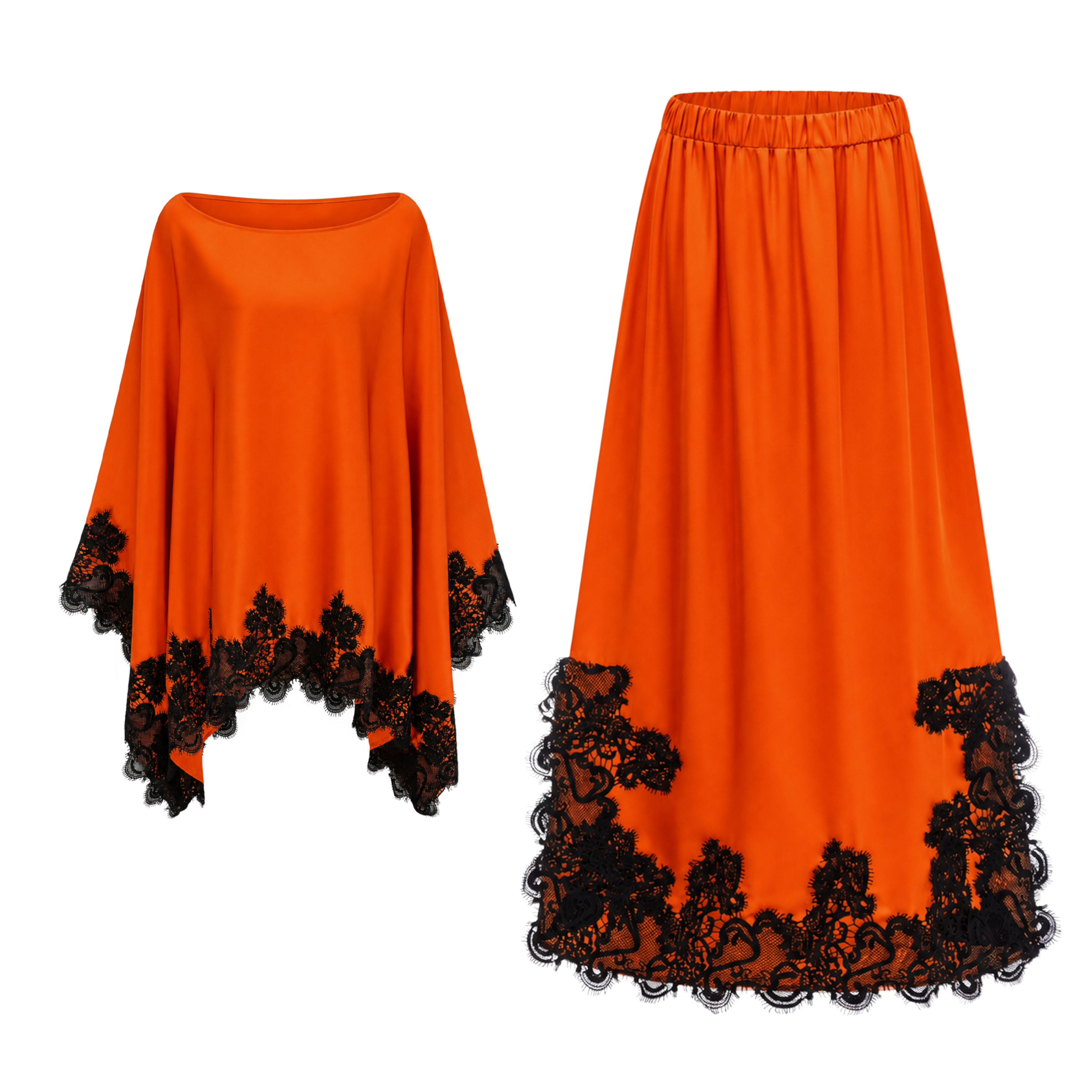 Aoraki Orange One Shoulder Top & Skirt Set with Lace Trim