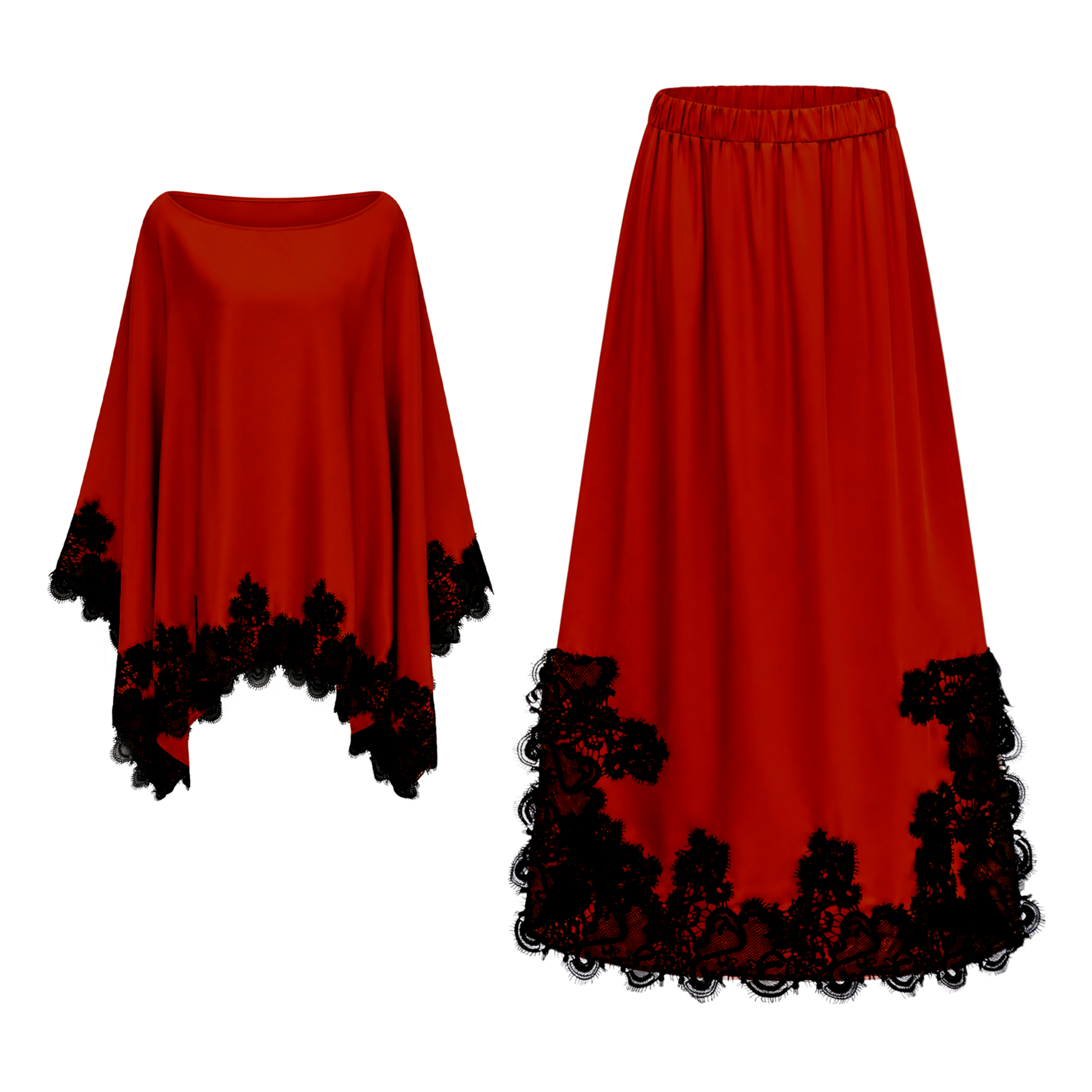 Aoraki Red One Shoulder Top & Skirt Set with Lace Trim