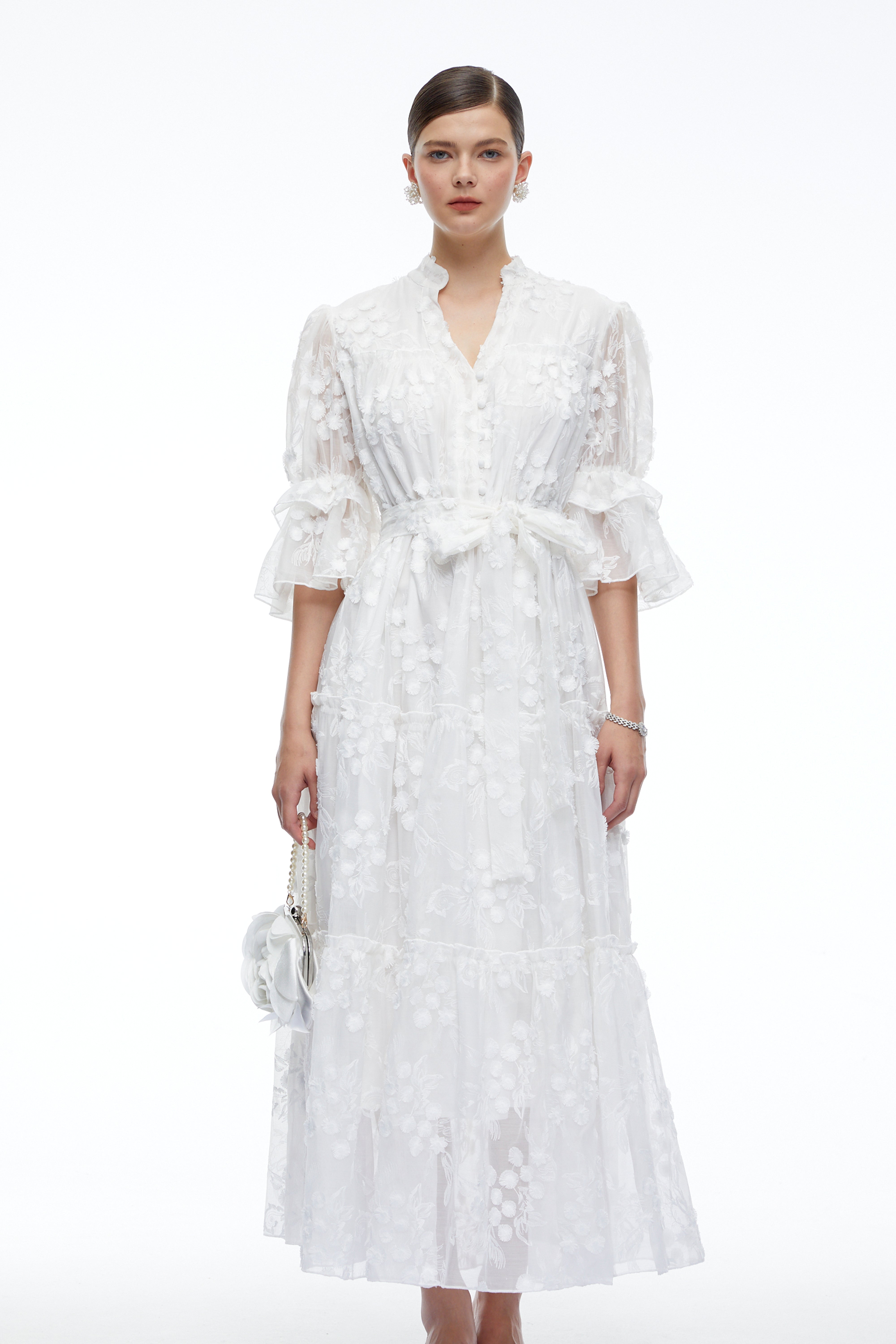 Apolline White V-Neck Lace Maxi Dress