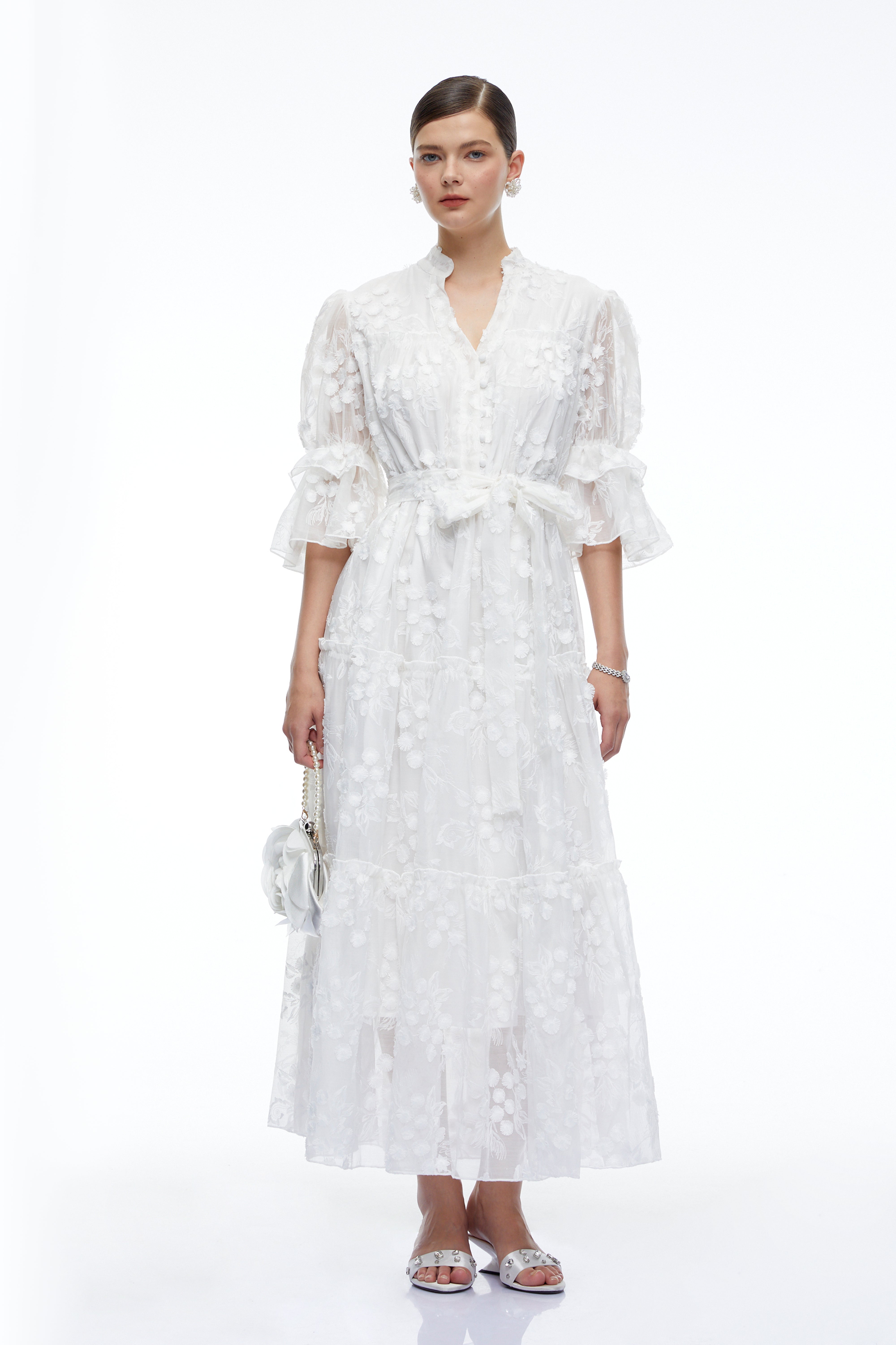 Apolline White V-Neck Lace Maxi Dress