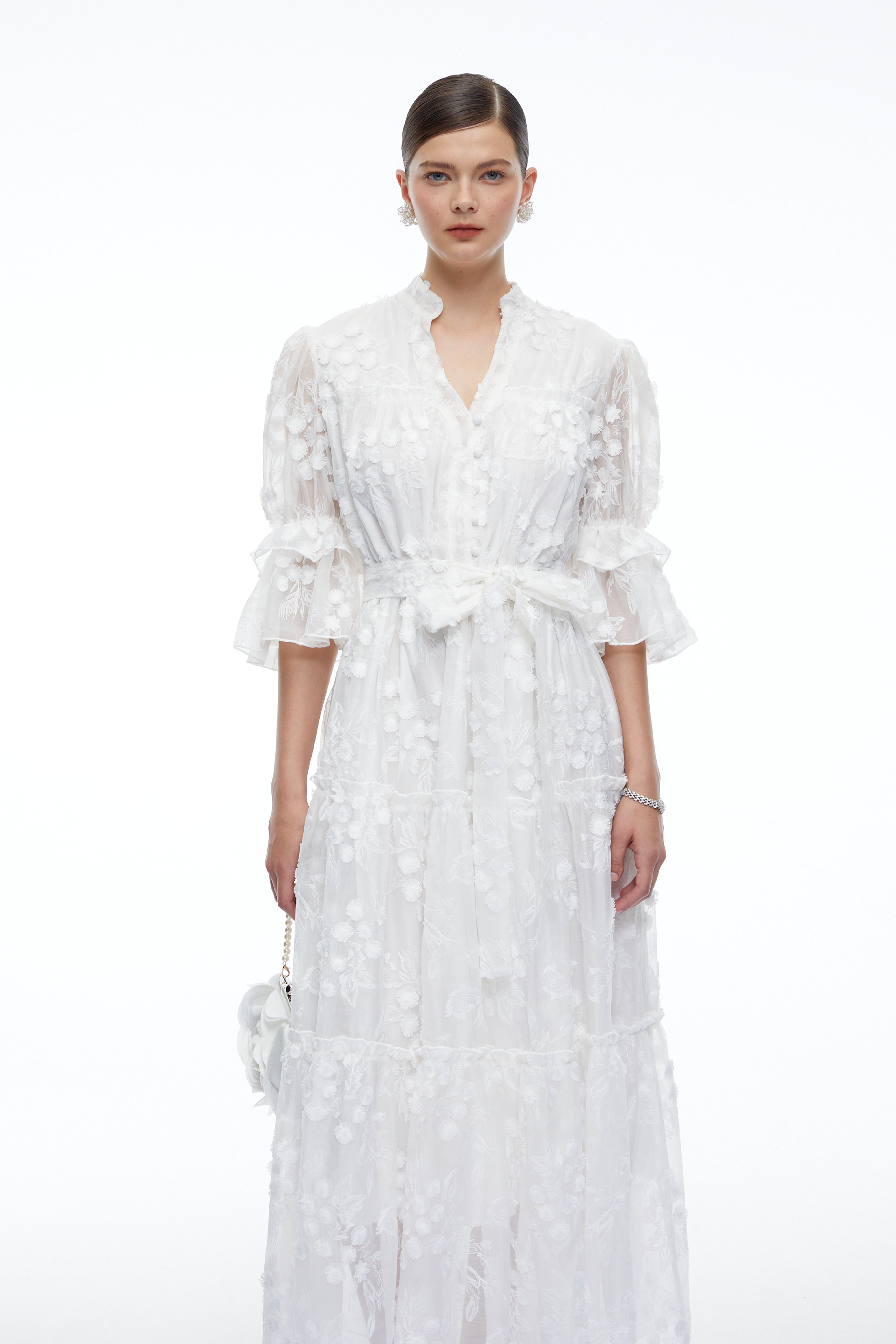 Apolline White V-Neck Lace Maxi Dress
