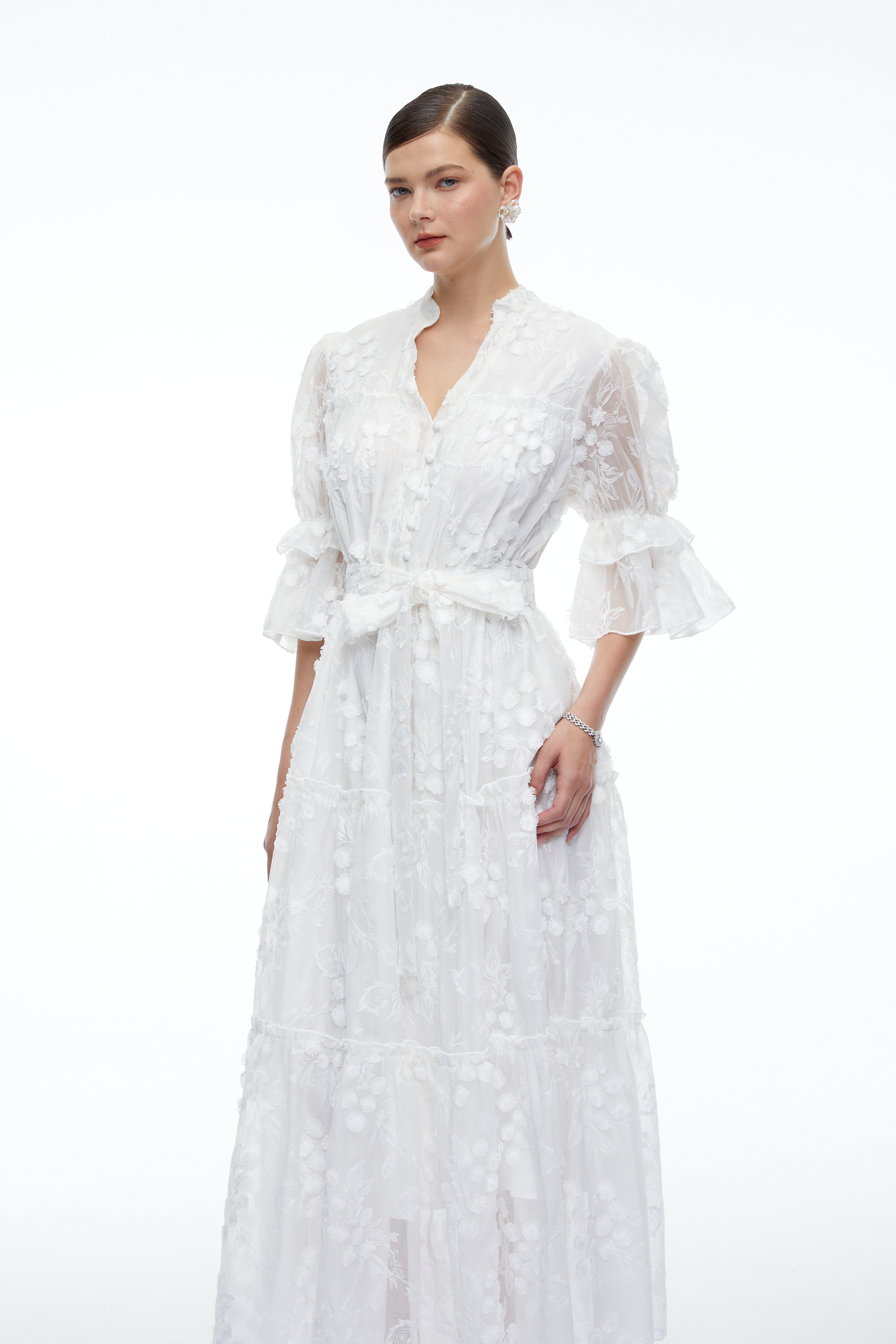 Apolline White V-Neck Lace Maxi Dress