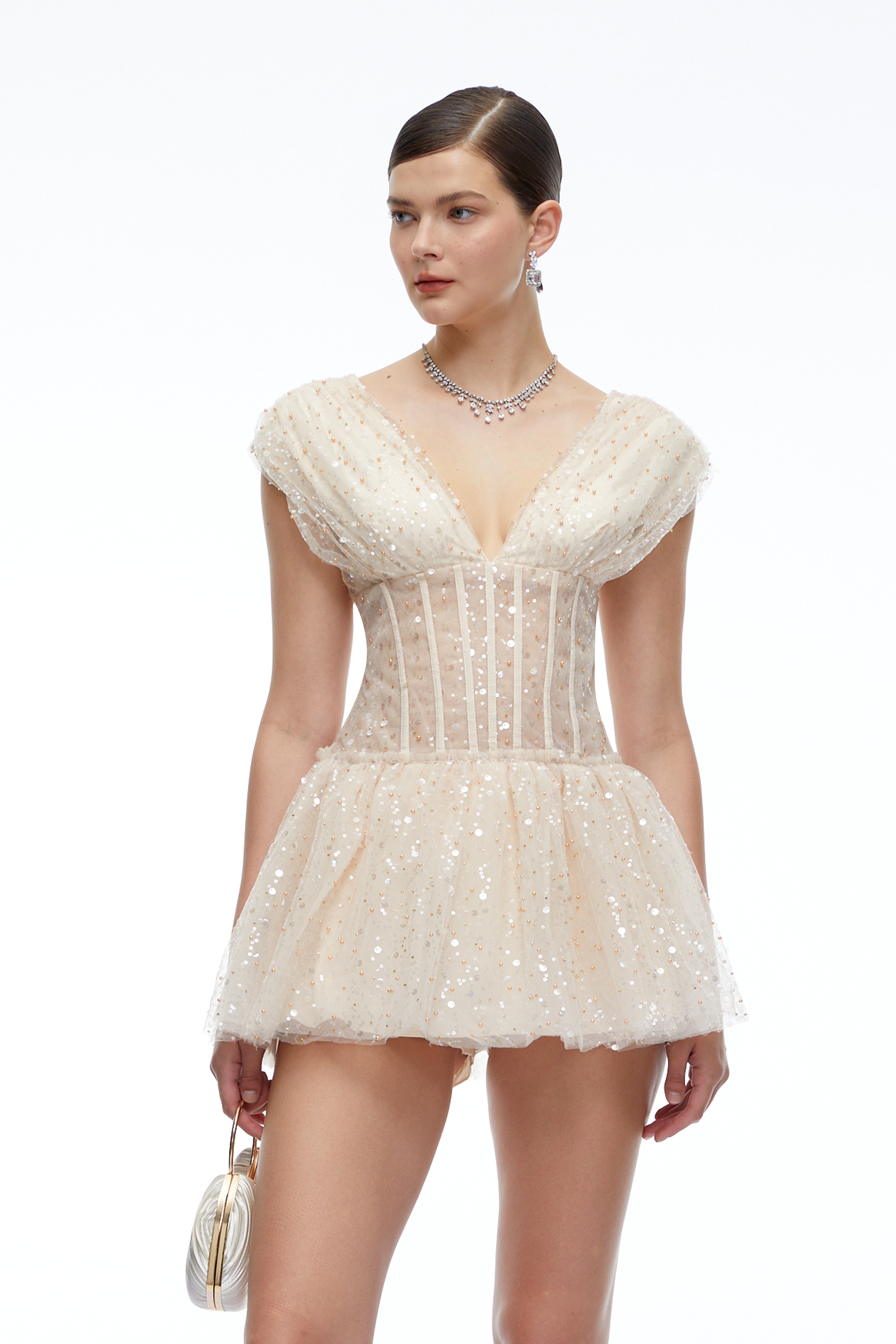 Arabella Neutral Sequin Mini Dress with Flutter Sleeves