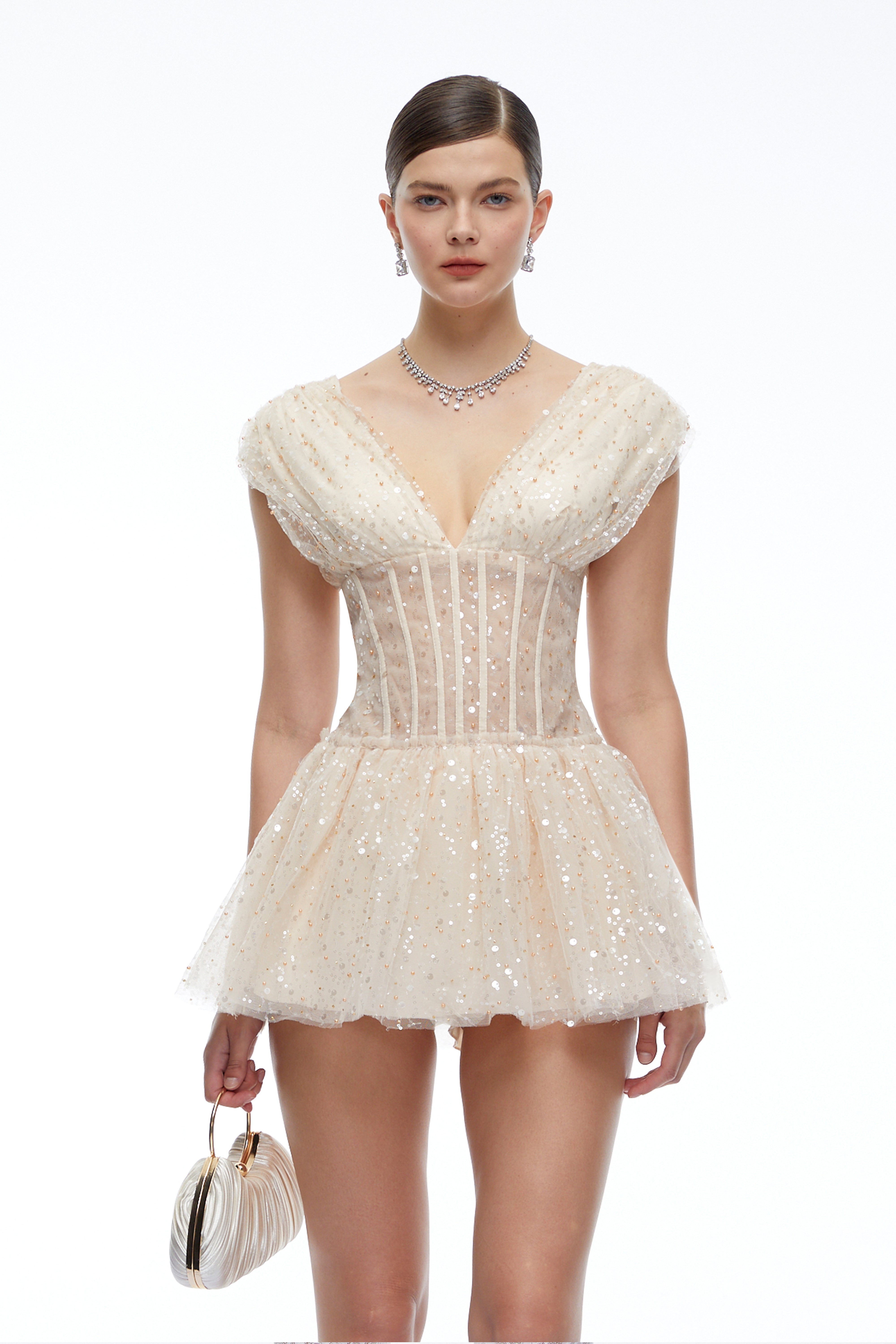 Arabella Neutral Sequin Mini Dress with Flutter Sleeves