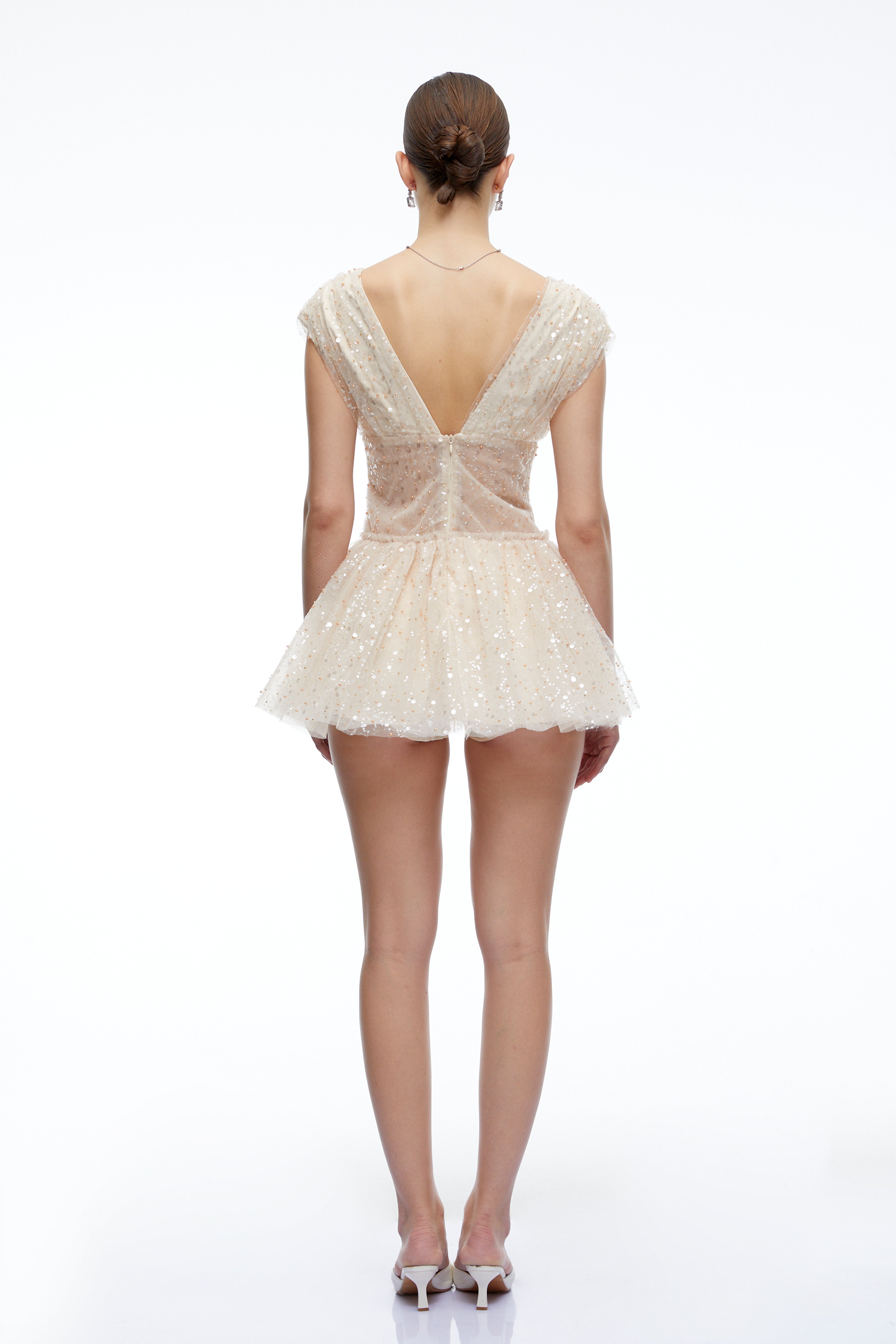 Arabella Neutral Sequin Mini Dress with Flutter Sleeves